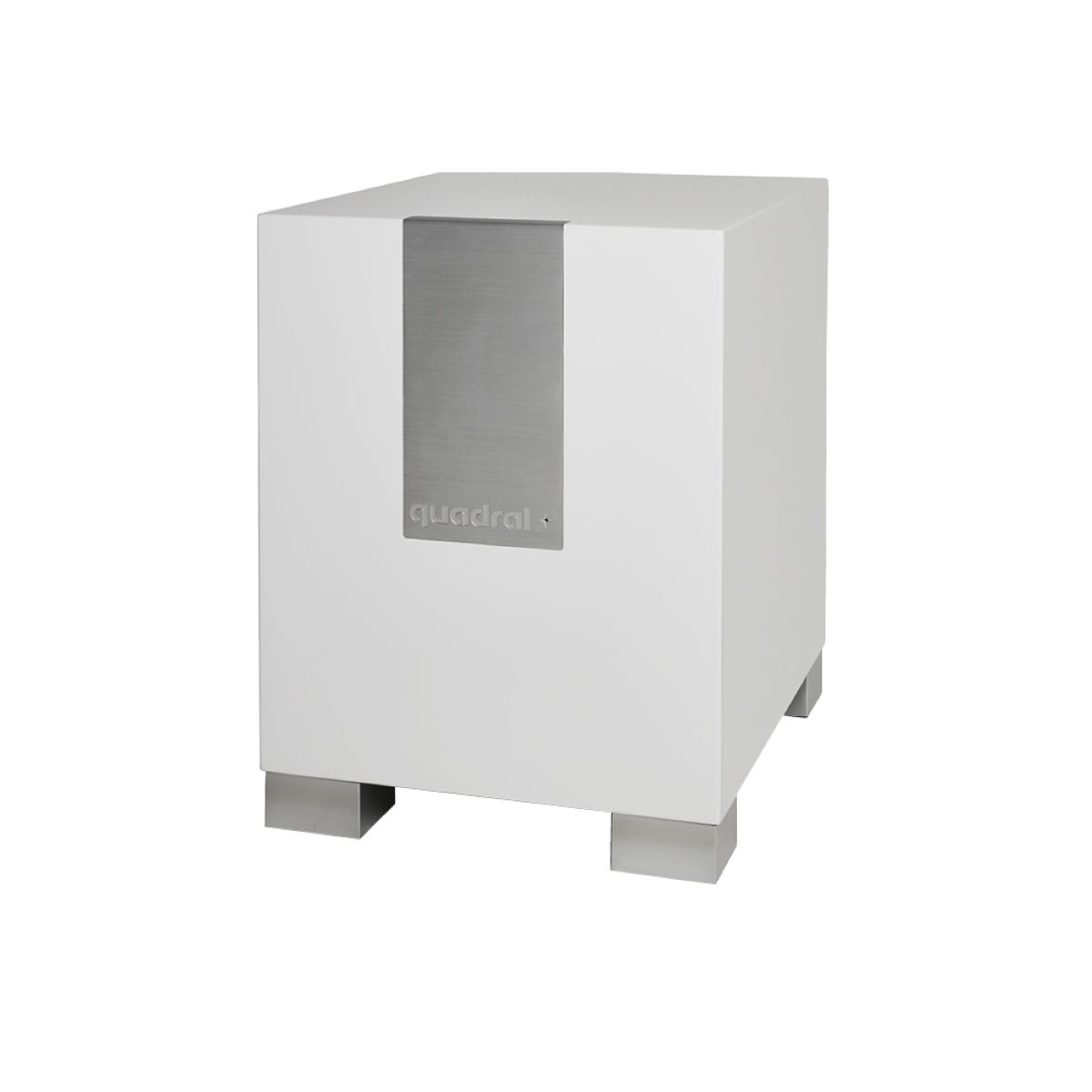 Weißer Subwoofer-Lautsprecher mit silbernem Akzent. Es hat vier silberne Füße.