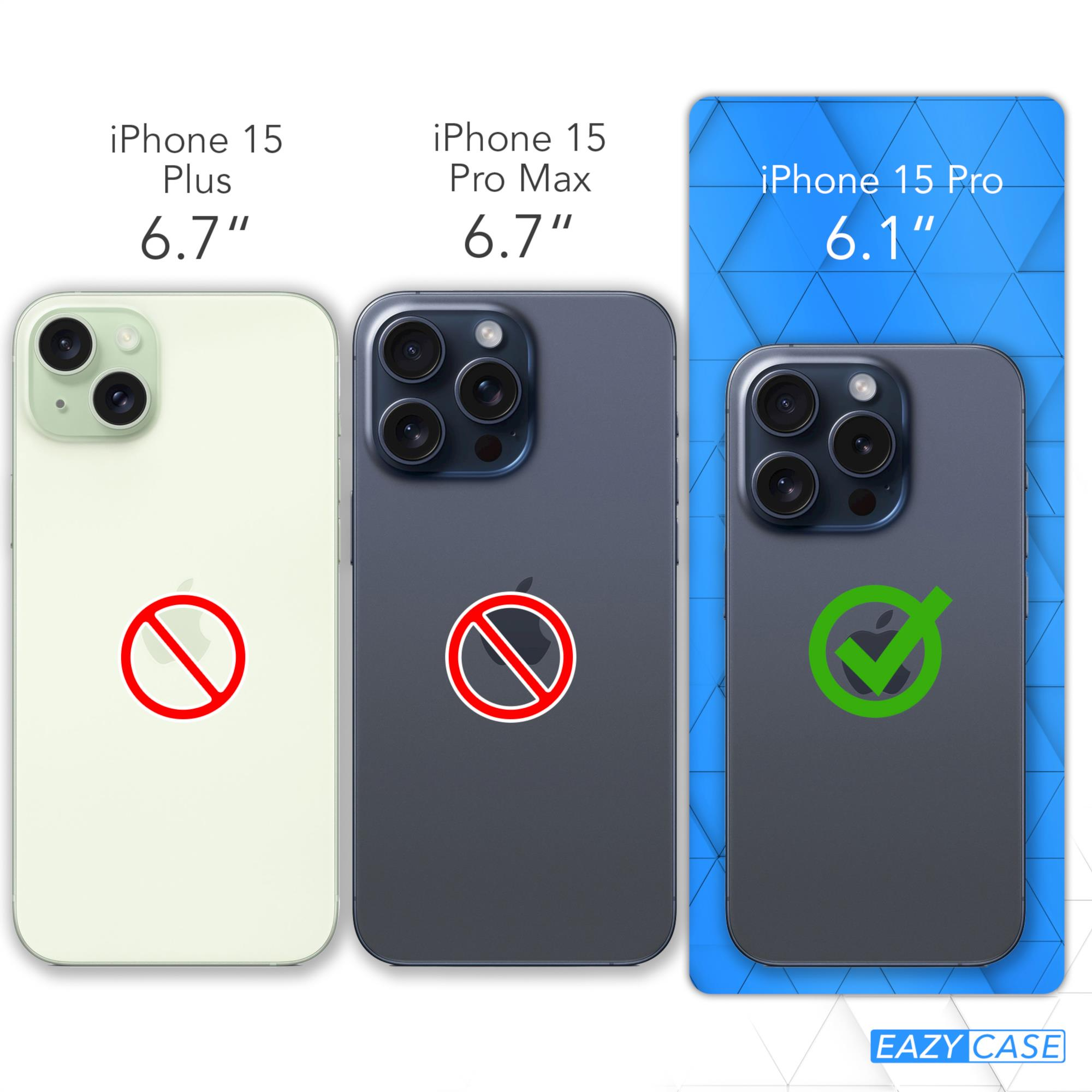 Vergleich von drei iPhone 15 Modellen, mit Größenangaben und einem Case. Das iPhone 15 Pro ist mit Haken markiert.