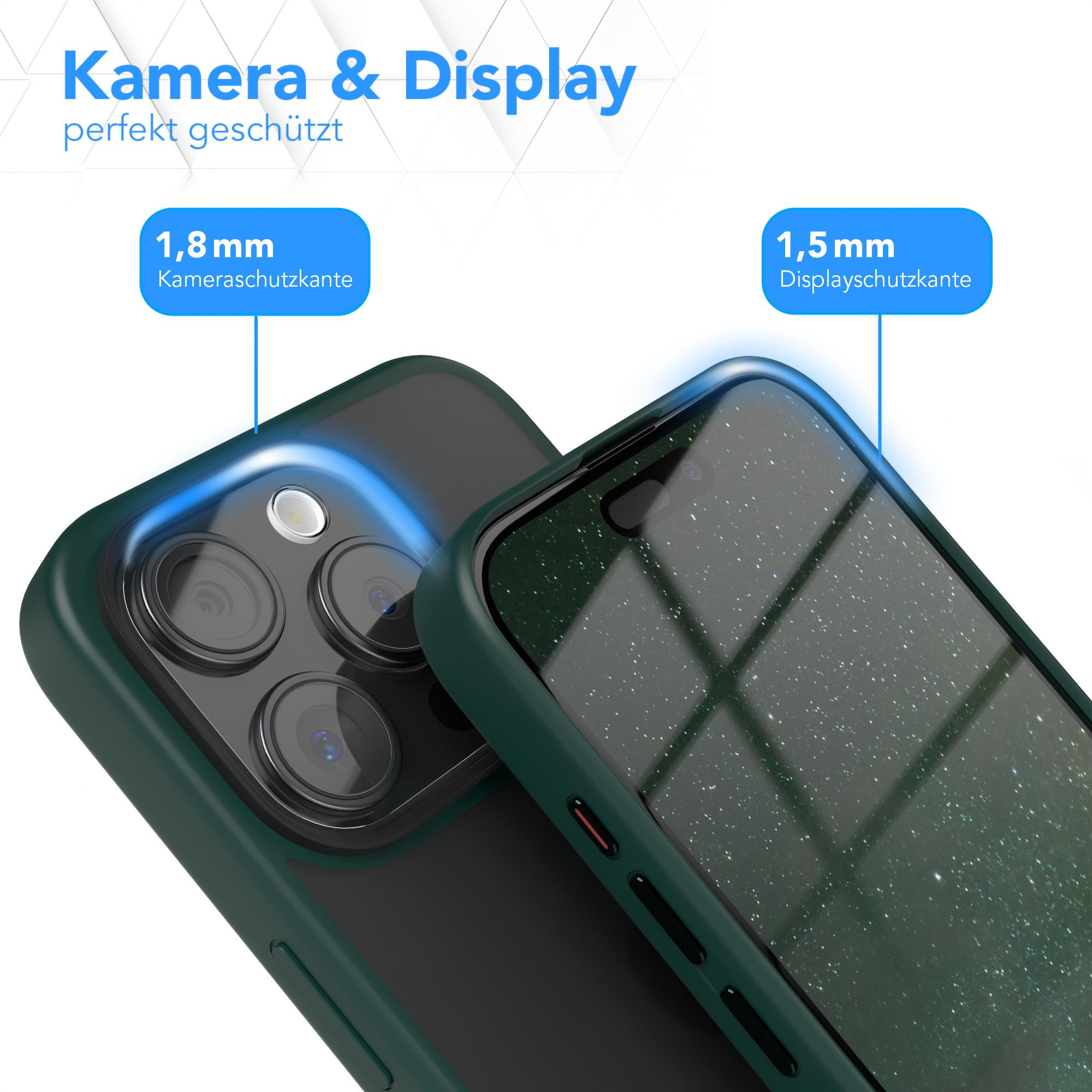 Handyhülle über einem Telefon. Die Hülle hat einen grünen Rand und eine transparente Rückseite.