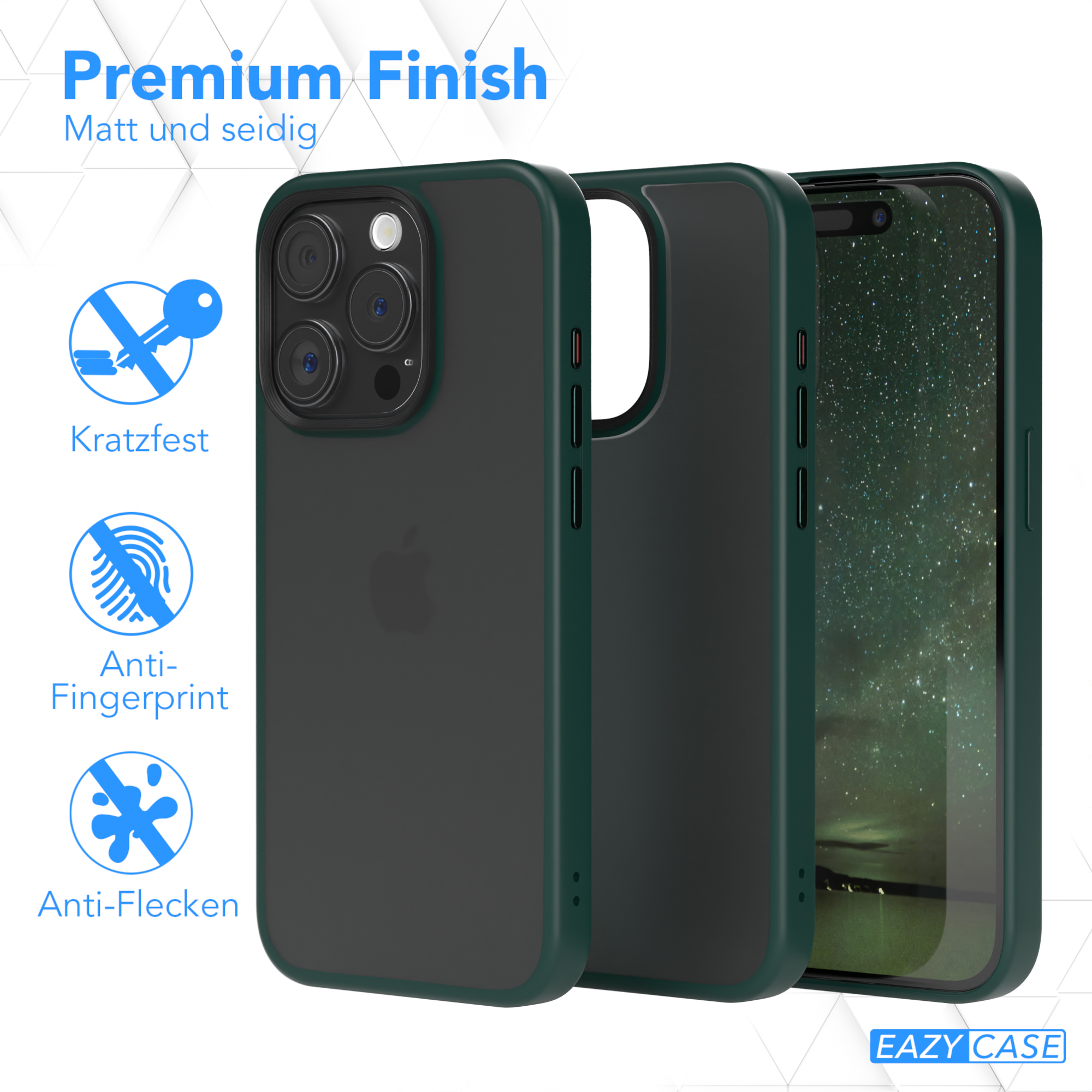 iPhone-Hülle mit drei Schichten, schwarz, grün und Displayschutz. Die Hülle hat Text und Symbole.