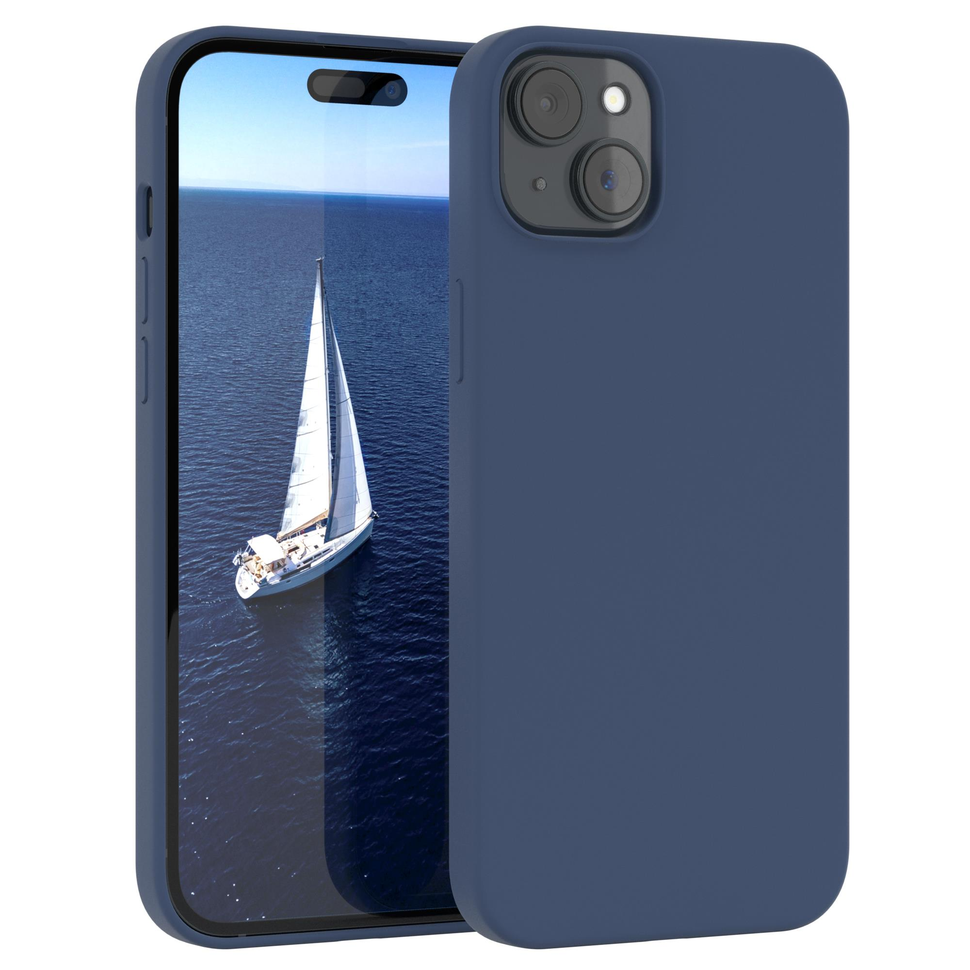 Ein dunkelblaues Telefon mit Hülle, das ein Segelboot zeigt.