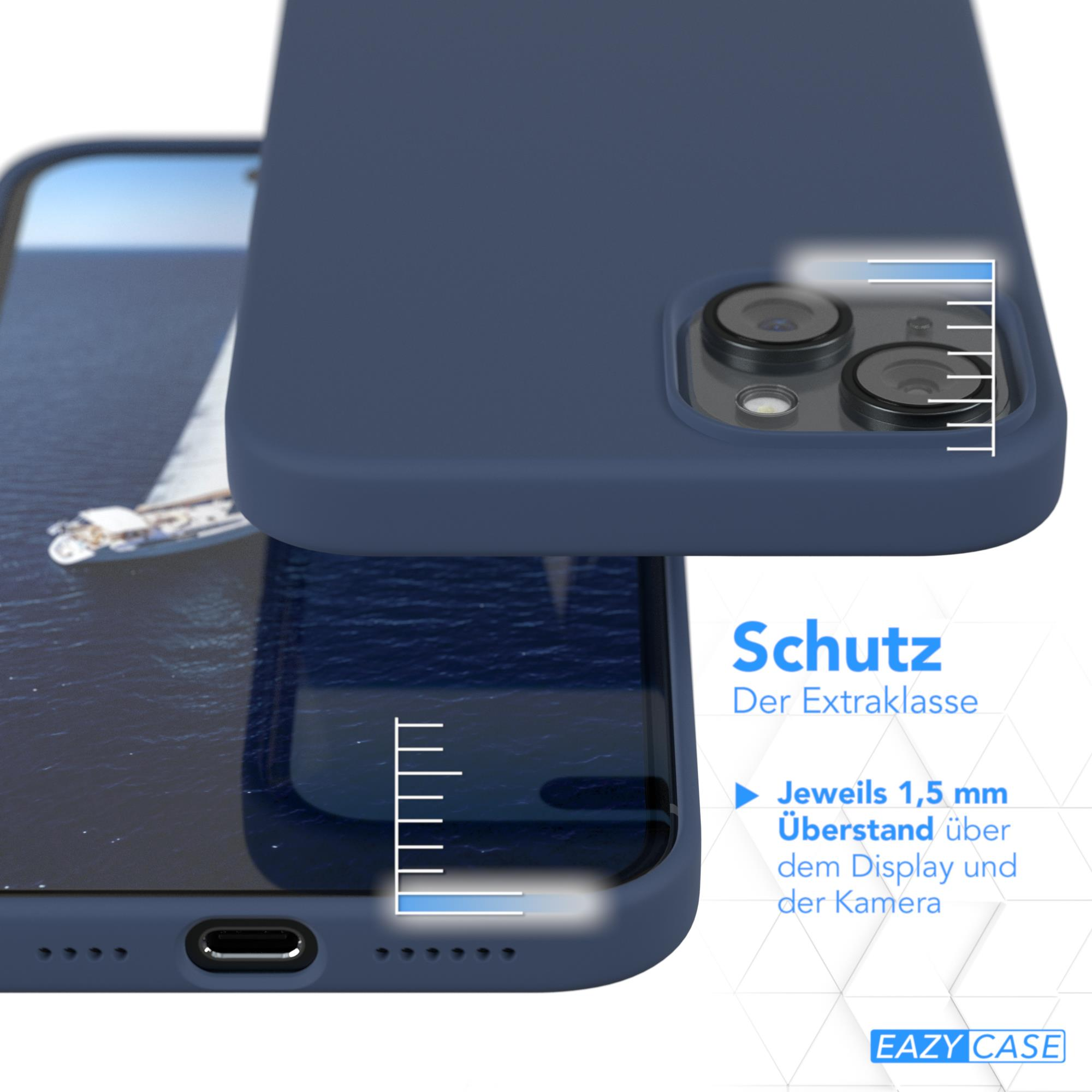Blaue Handyhülle auf einem Telefon mit einem Bildschirm, der das Telefon zeigt, mit Text auf der Handyhülle. Weißer Hintergrund.