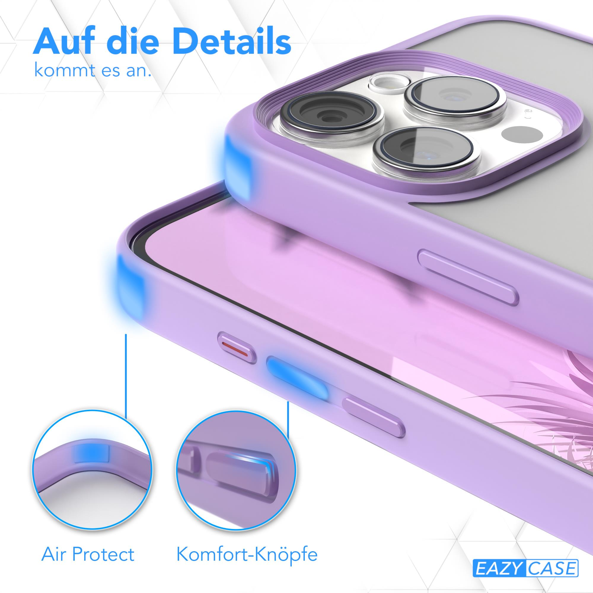 Eine lila Handyhülle mit Knöpfen und Branding-Details. Die Hülle ist transparent.