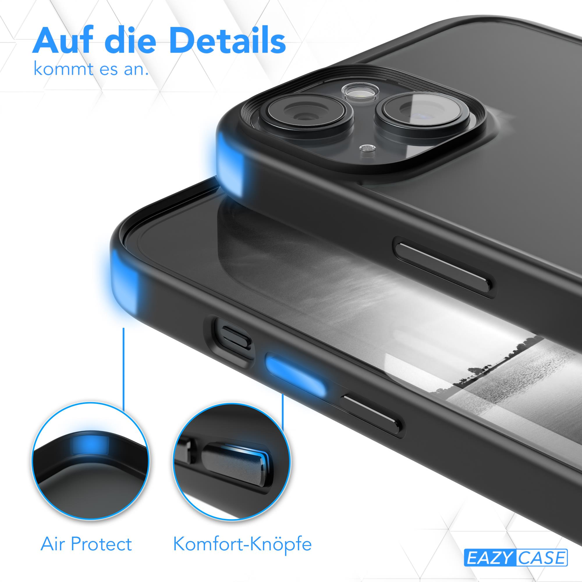 Nahaufnahme einer schwarzen Handyhülle mit blauen Akzenten. Text und Diagramme heben Funktionen hervor.