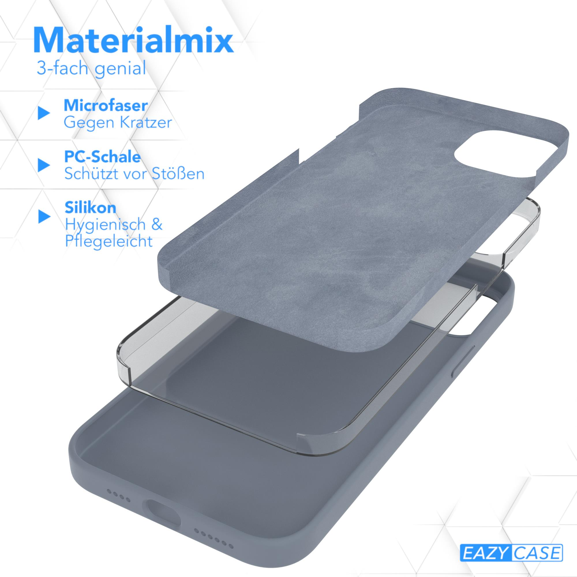 Eine Handyhülle mit drei Schichten: Mikrofaser, PC-Schale und Silikon. Text sagt 'Materialmix 3-fach genial'.