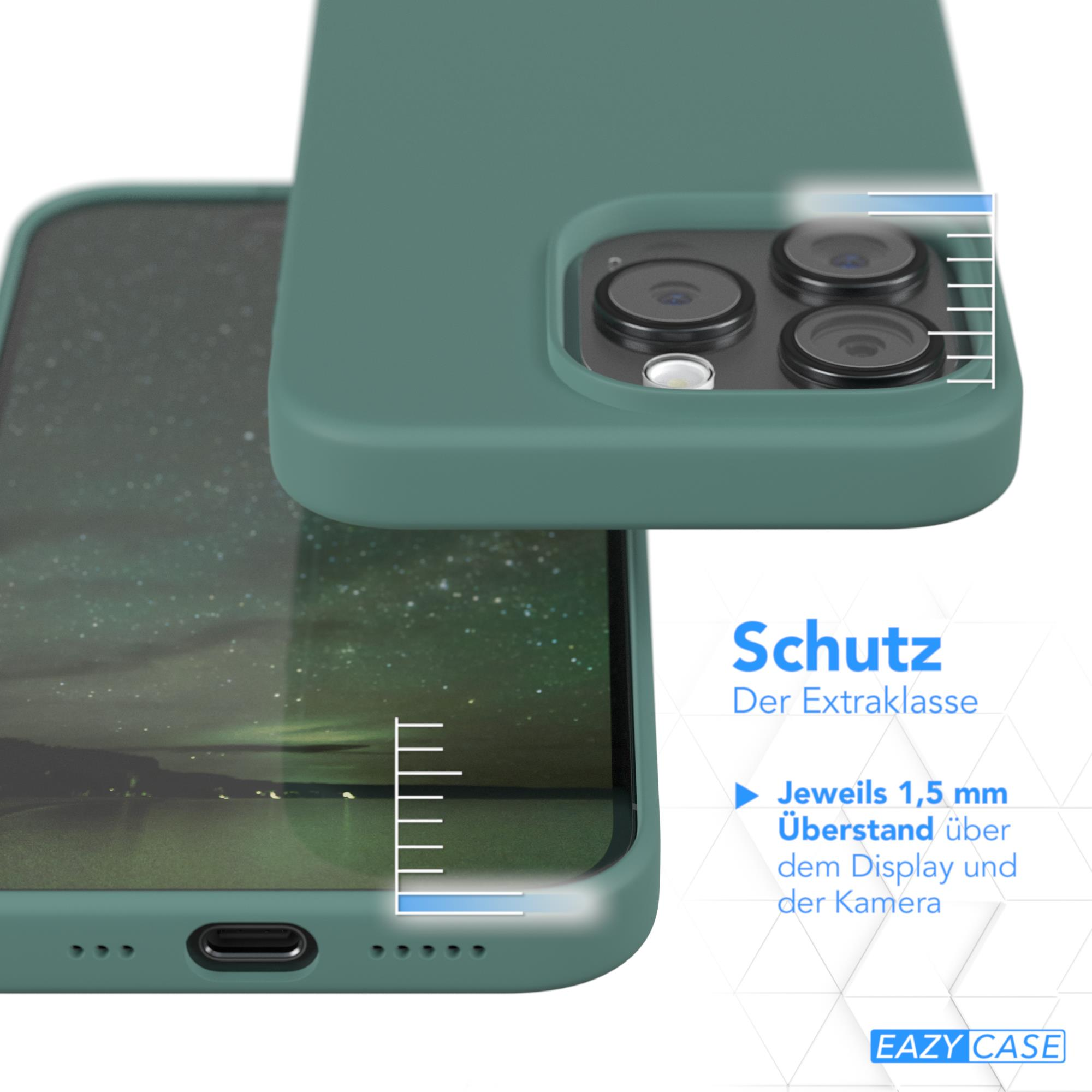 Grüne Handyhülle mit Telefon. Der Displaybereich der Hülle zeigt eine verschwommene Landschaft. Text sagt 'Schutz'.