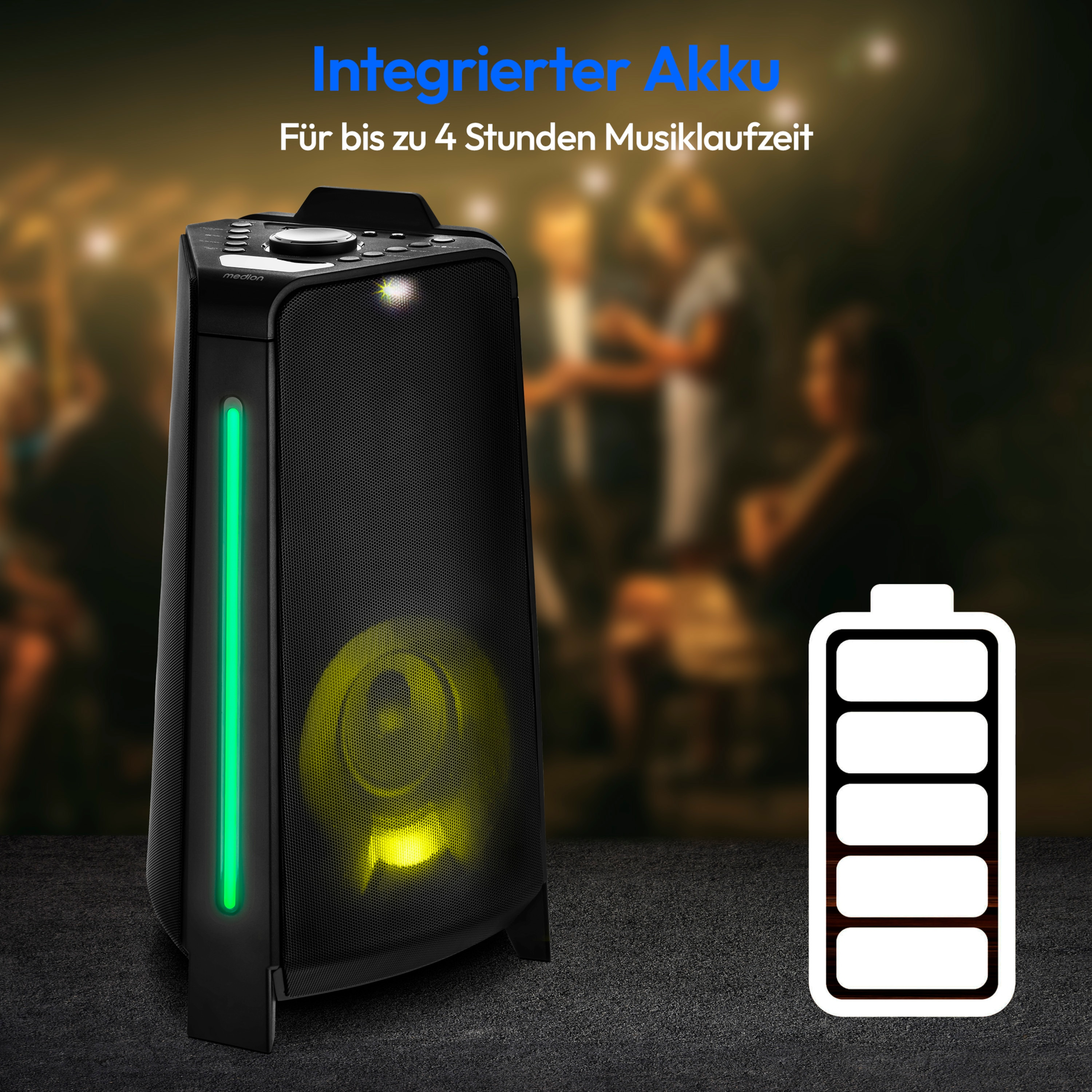 Schwarzer Lautsprecher mit grünem Lichtbalken und Akkusymbol auf dunklem Hintergrund.