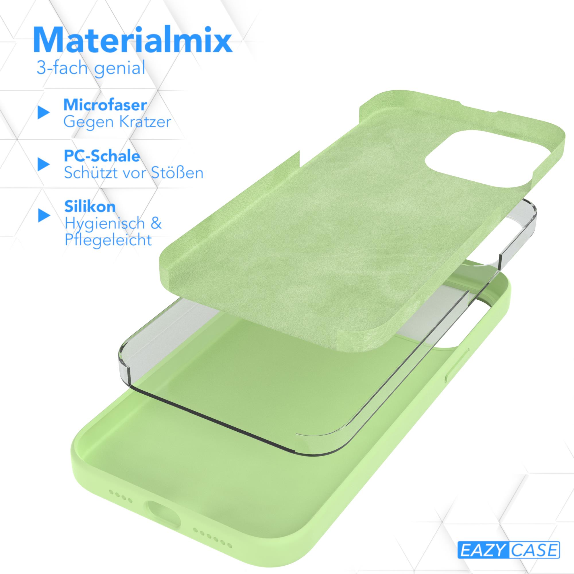Diagramm einer Handyhülle. Zeigt die Schichten: Mikrofaser, PC-Schale und Silikon.