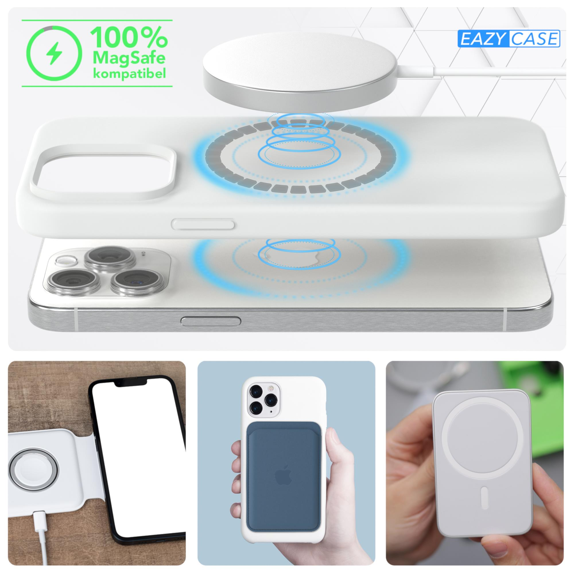 Kabelloses Ladegerät mit Telefon und Hülle. MagSafe-kompatibel, weiße Hülle und MagSafe-Zubehör.