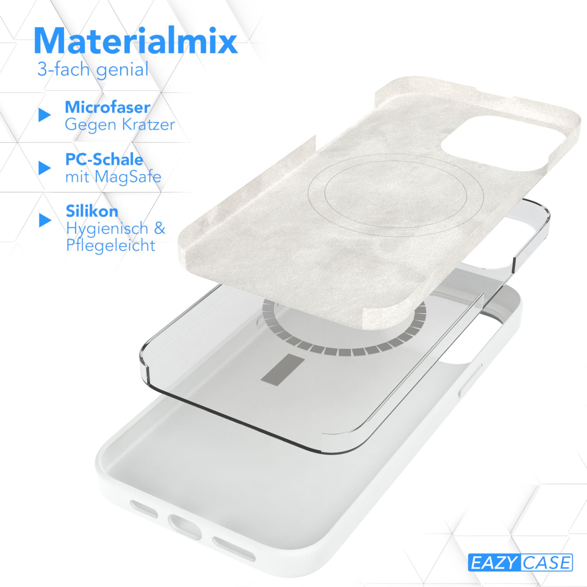 Handyhüllen-Schichten. Mikrofaser, PC-Schale mit MagSafe und Silikon-Schichten sind sichtbar.