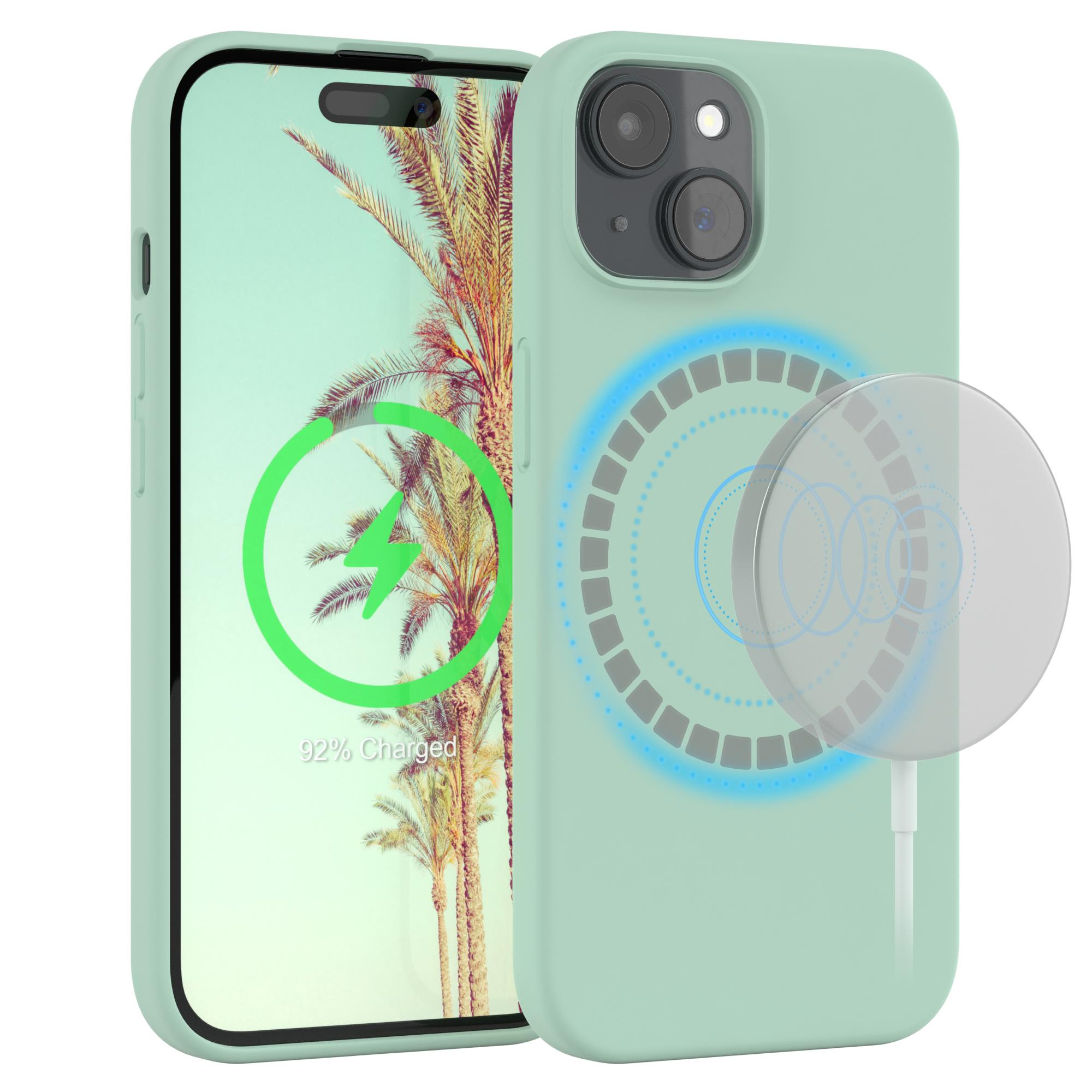 Mintfarbenes Telefon mit Hülle. Das Telefon zeigt einen Palmenhintergrund. Weißer Hintergrund.
