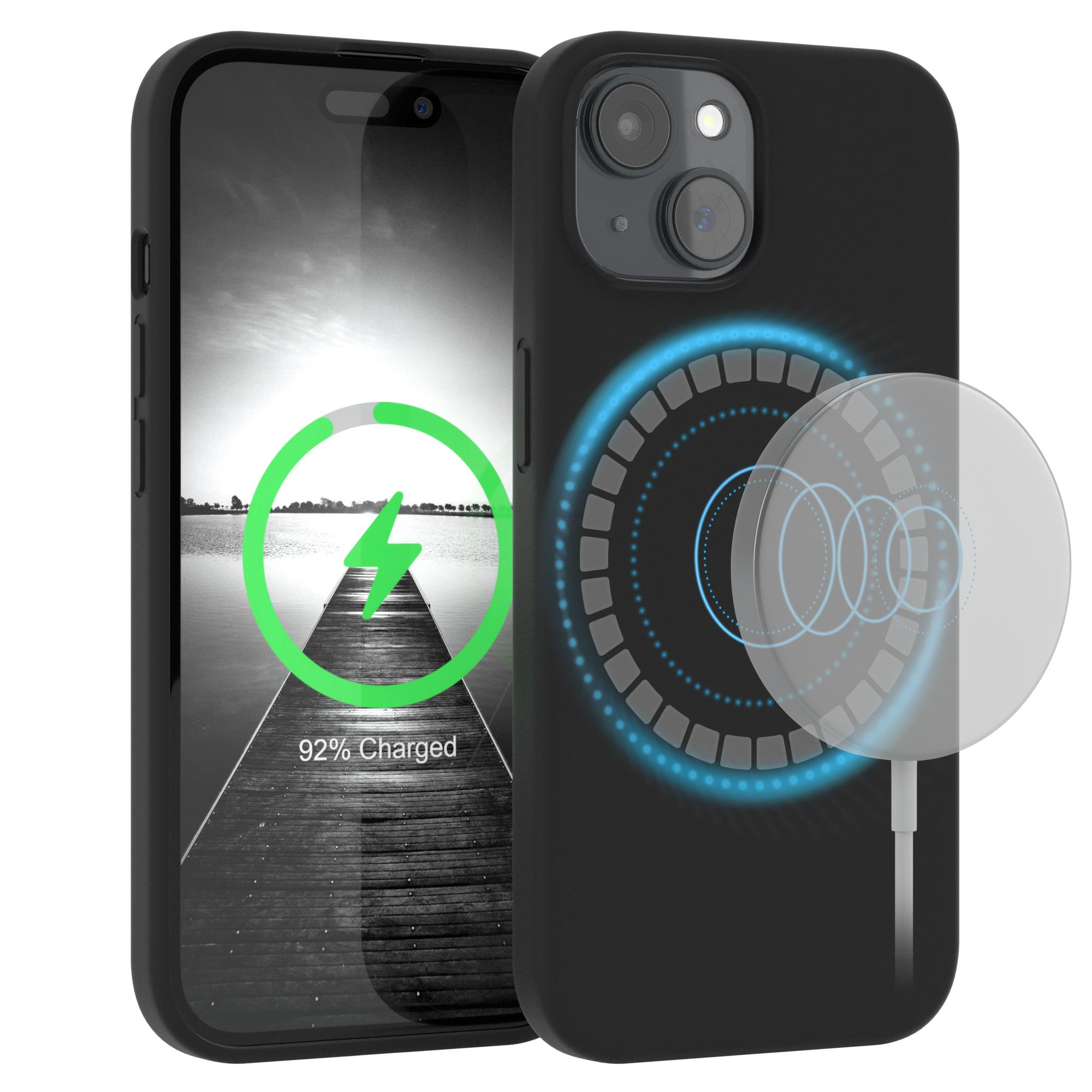 Ein schwarzes Telefon in einer schwarzen Hülle mit einem Ladepad rechts. Das Telefon lädt.