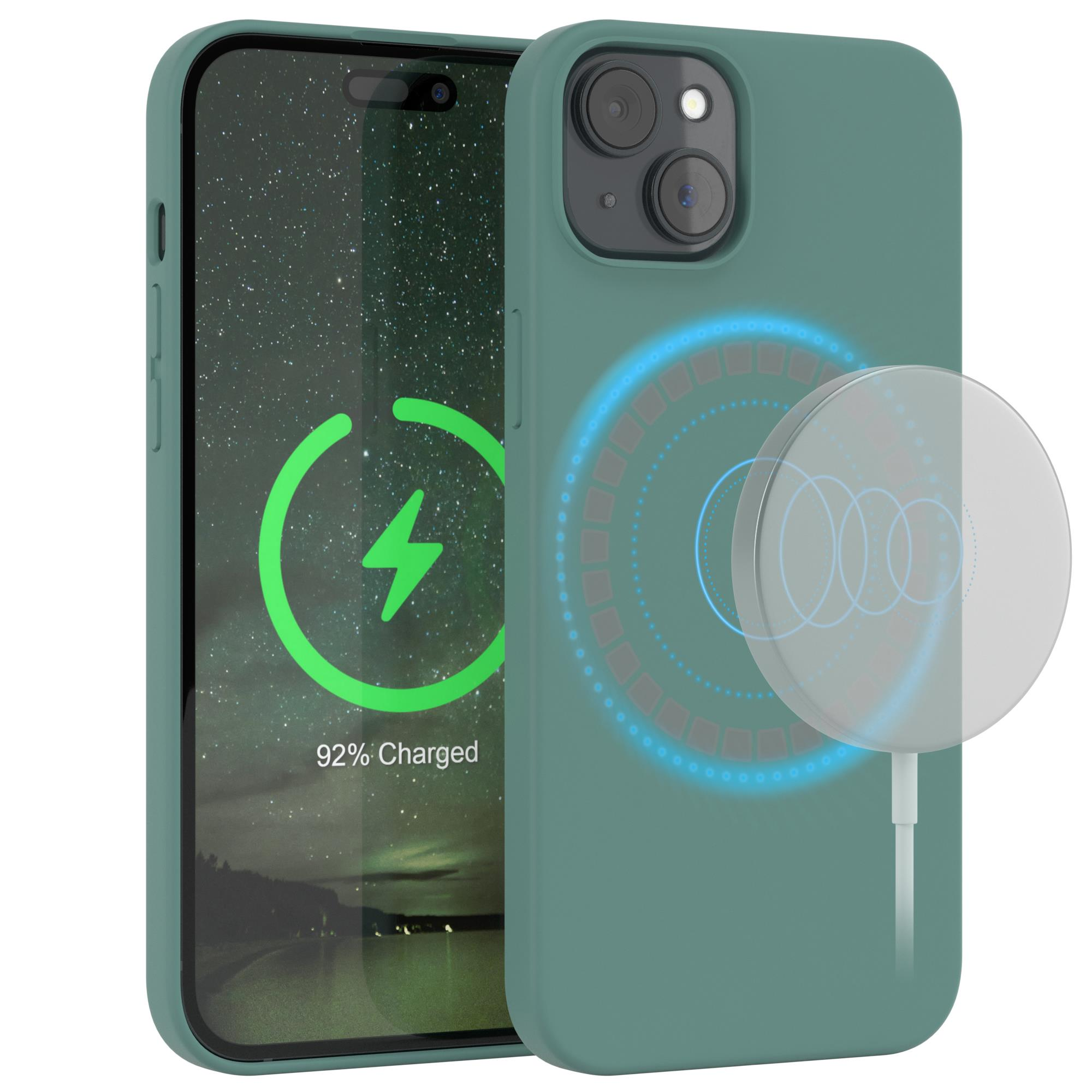Eine grüne Handyhülle mit einem Telefon darin. Der Telefonbildschirm zeigt 92 % geladen an. Ein weißes Ladegerät daneben.