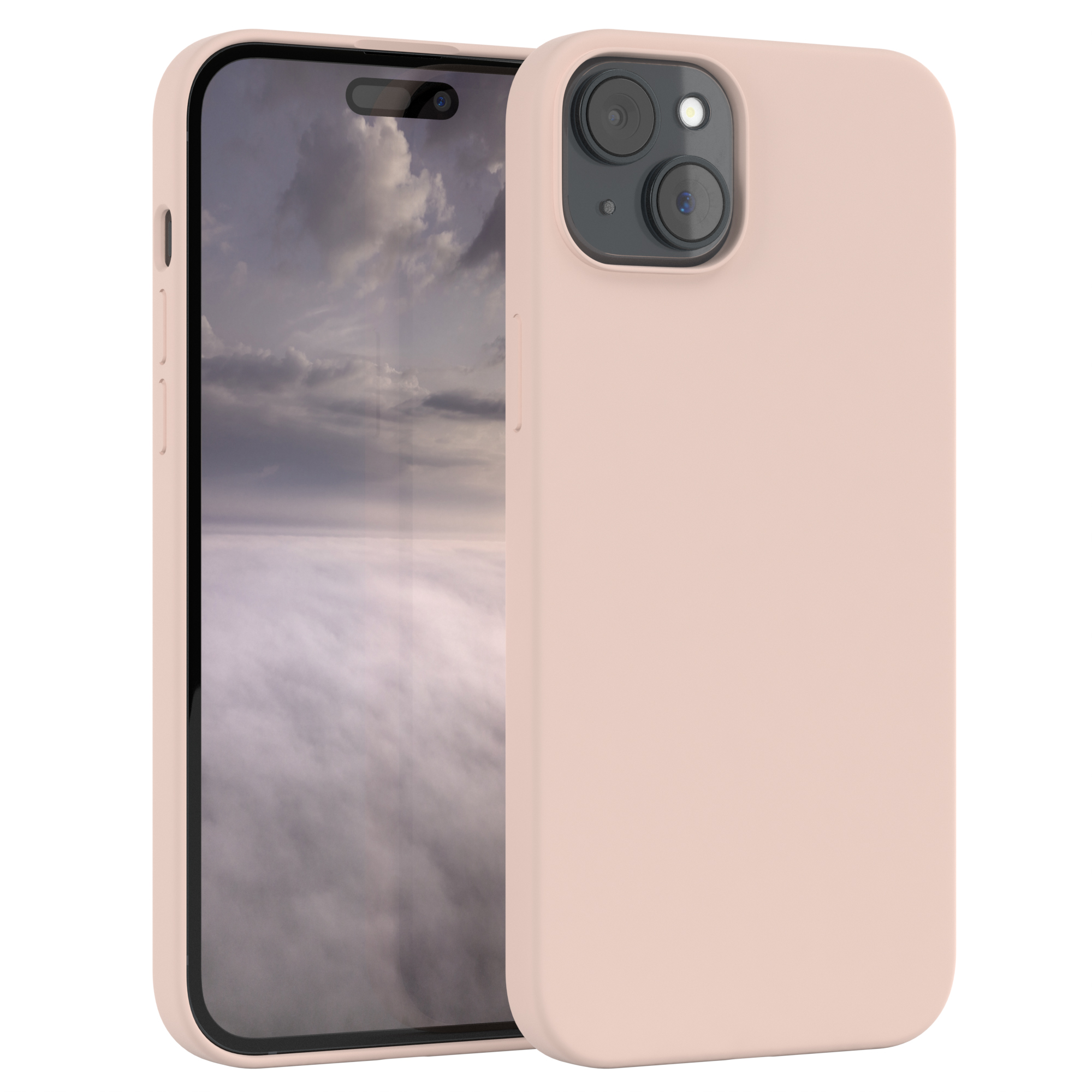 Ein pinkes Telefon in einer Hülle. Das Telefon hat eine Kameraerhebung. Die Hülle bedeckt die Rückseite und die Seiten.