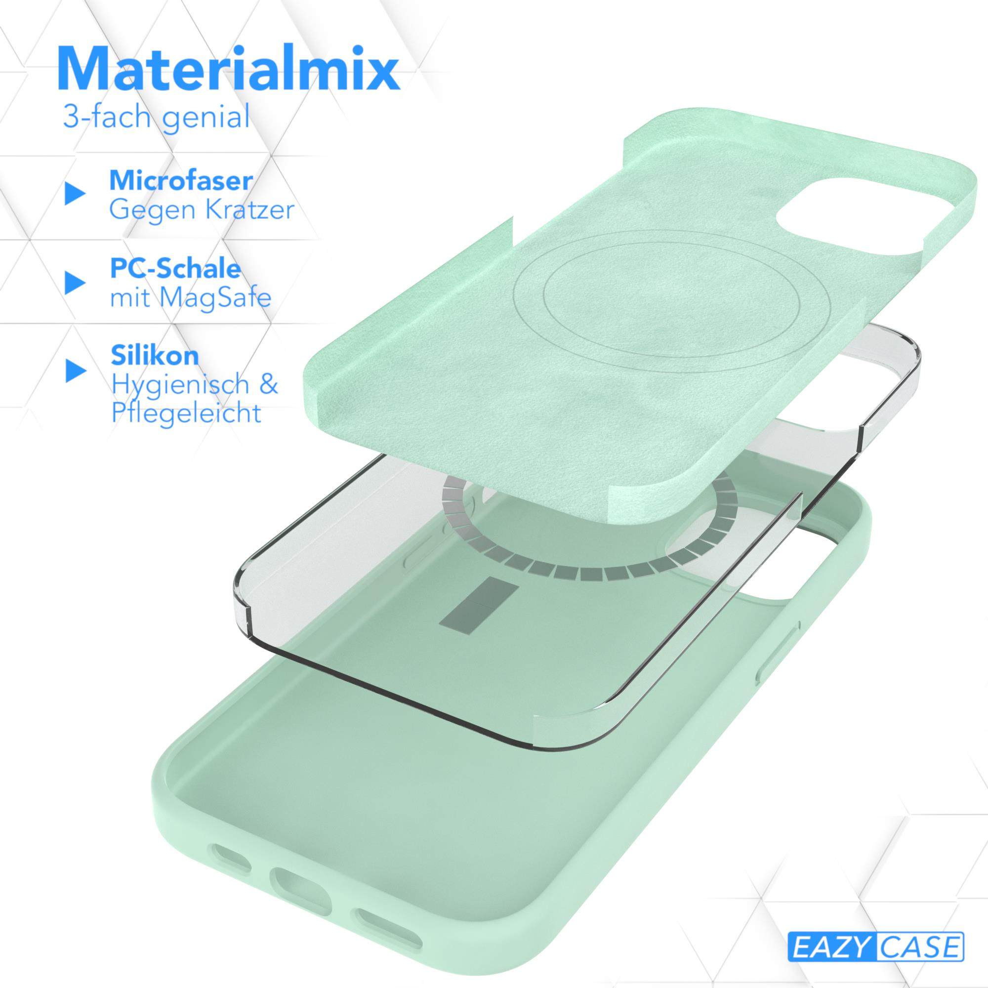 Handyhüllen-Schichten, Mikrofaser, PC-Schale und Silikonschichten zeigend. Mintgrüne Hülle mit weißer Basis.