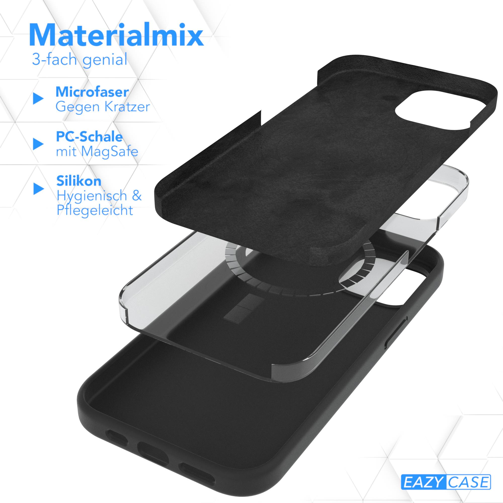 Ein zerlegtes Handycase, zeigt Schichten aus Mikrofaser, PC-Schale mit MagSafe und Silikon.