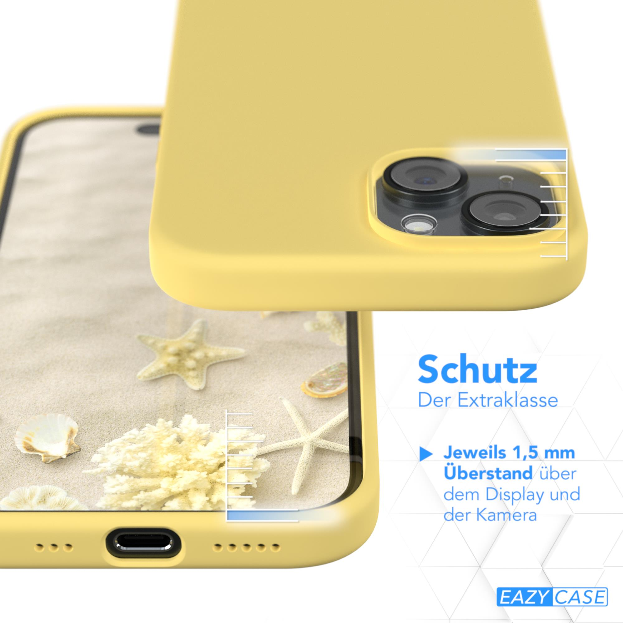 Eine gelbe Handyhülle neben einem Handy. Die Hülle schützt die Kamera.
