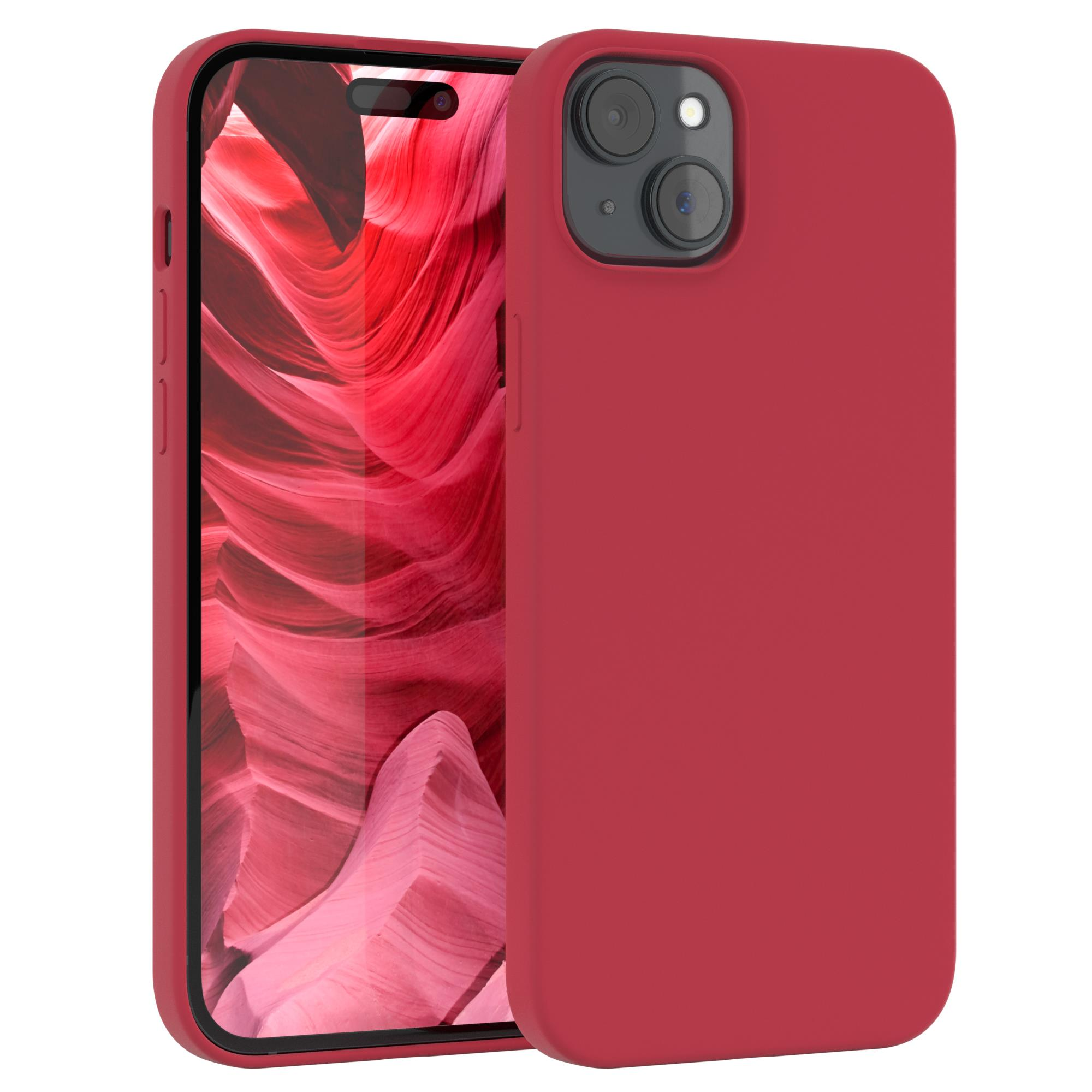 Rotes iPhone in roter Hülle. Zwei Kameras. Der Bildschirm zeigt ein rotes Höhlenbild.