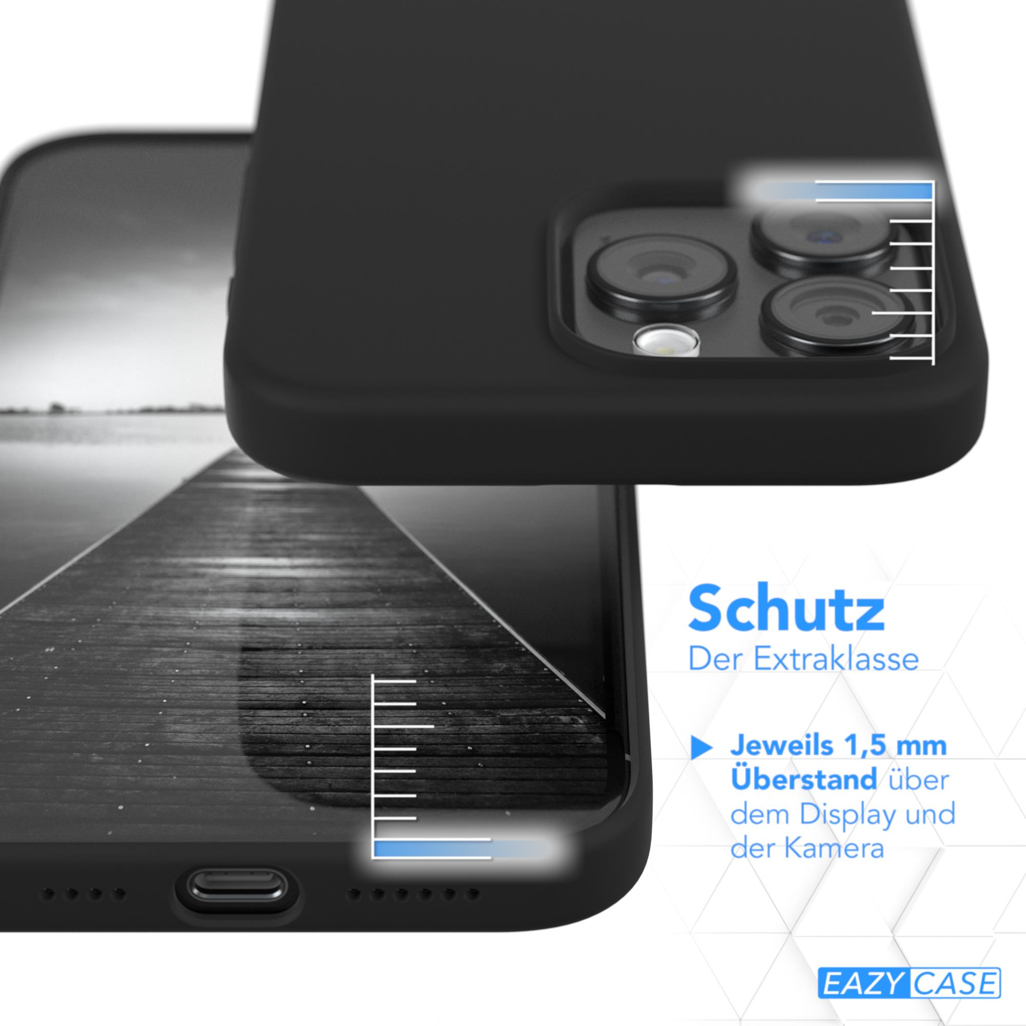 Nahaufnahme einer schwarzen Handyhülle mit einem Telefon. Text und Diagramme heben Funktionen hervor.