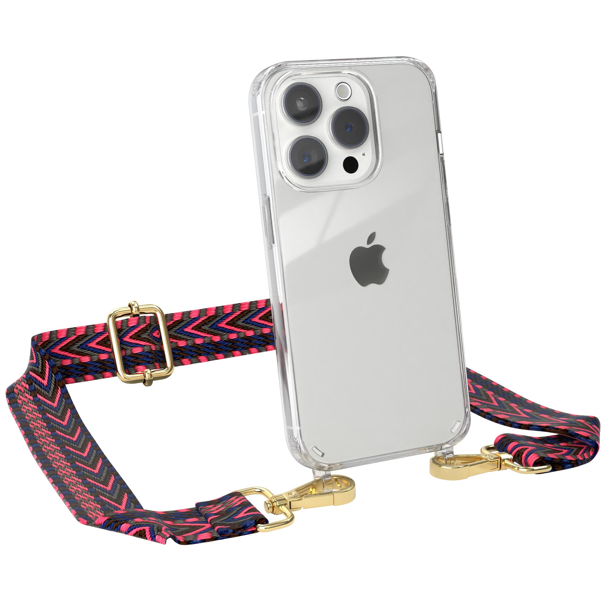 Ein Telefon mit klarer Hülle und einem Gurt. Der Gurt ist bunt. Die Hülle hat goldfarbene Details.