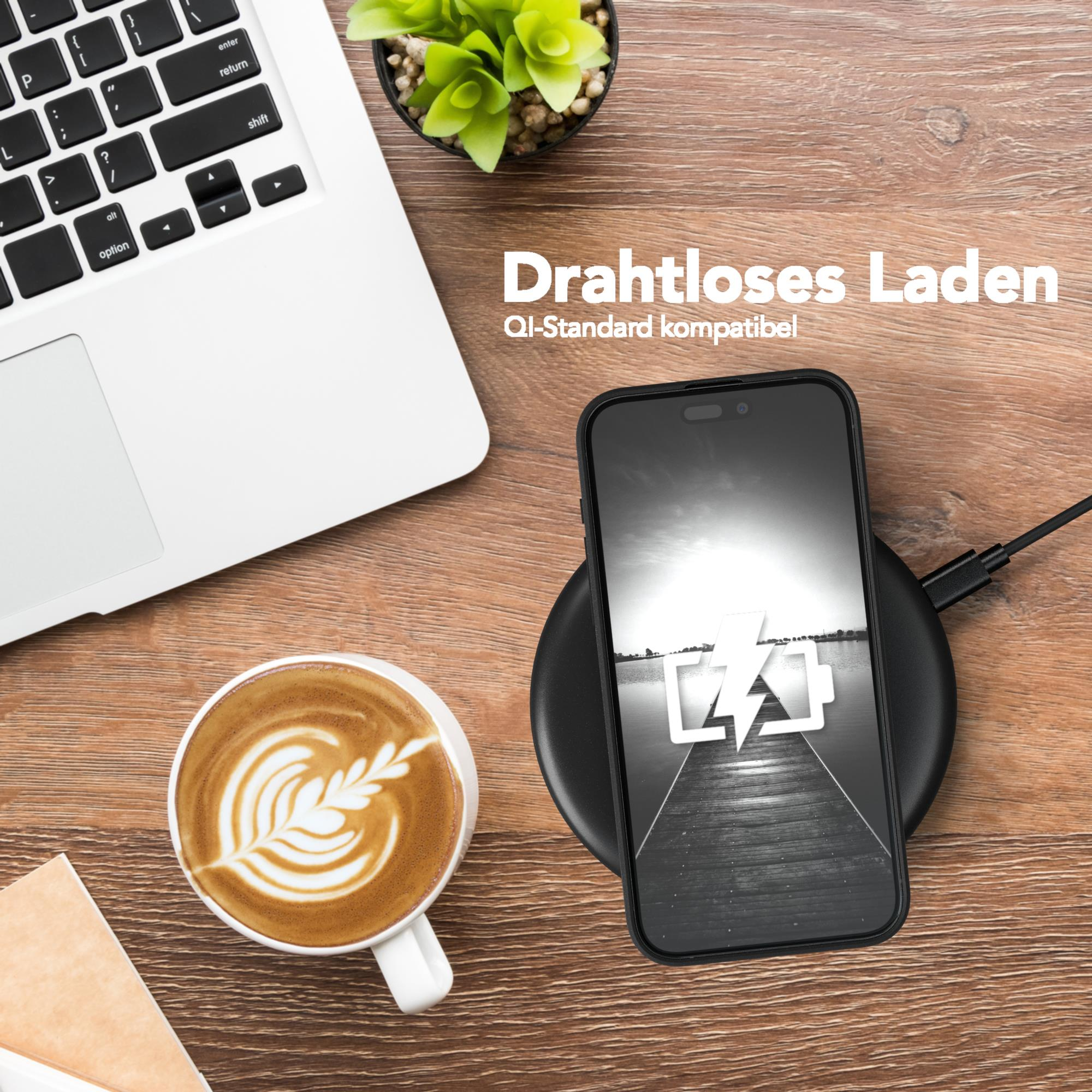 Ein Laptop, eine Tasse Kaffee und ein Telefon, das kabellos geladen wird. Text sagt 'Drahtloses Laden' (Kabelloses Laden).