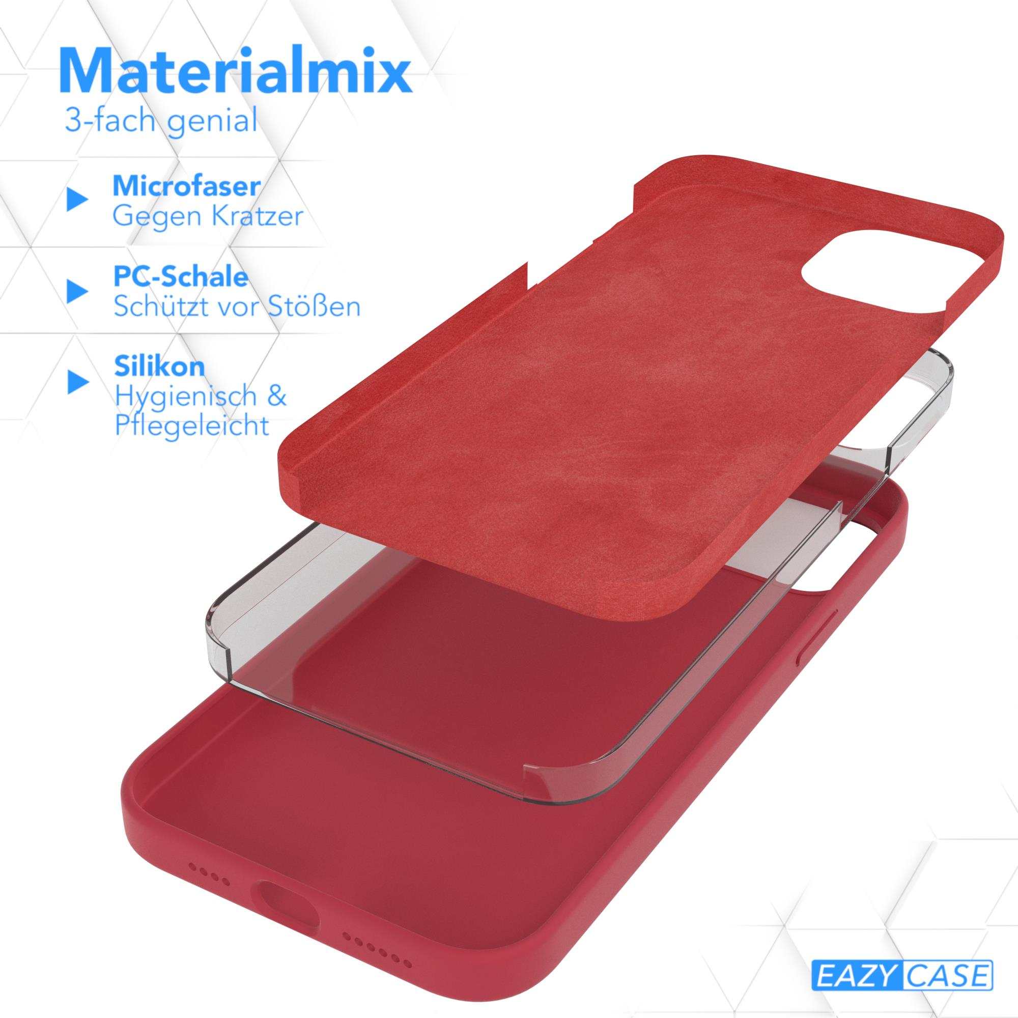 Rote Handyhülle mit Mikrofaser, PC-Schale und Silikon. Text beschreibt Materialmix und Vorteile.