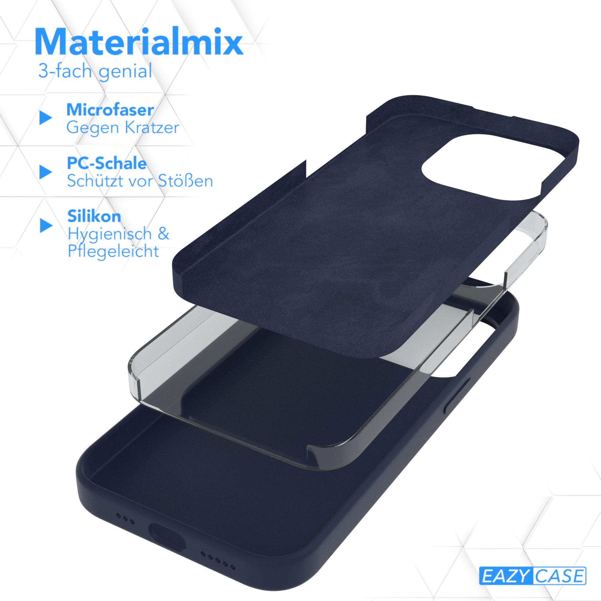 Eine mehrschichtige Handyhülle aus Mikrofaser, PC-Schale und Silikon. Die Hülle ist dunkelblau und transparent.
