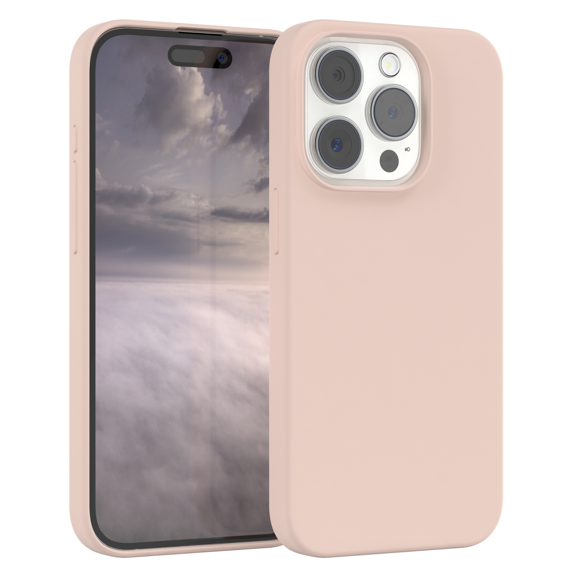 Eine rosa Handyhülle mit einem Telefon darin. Das Telefon hat mehrere Kameras und ein Loch für den Blitz.