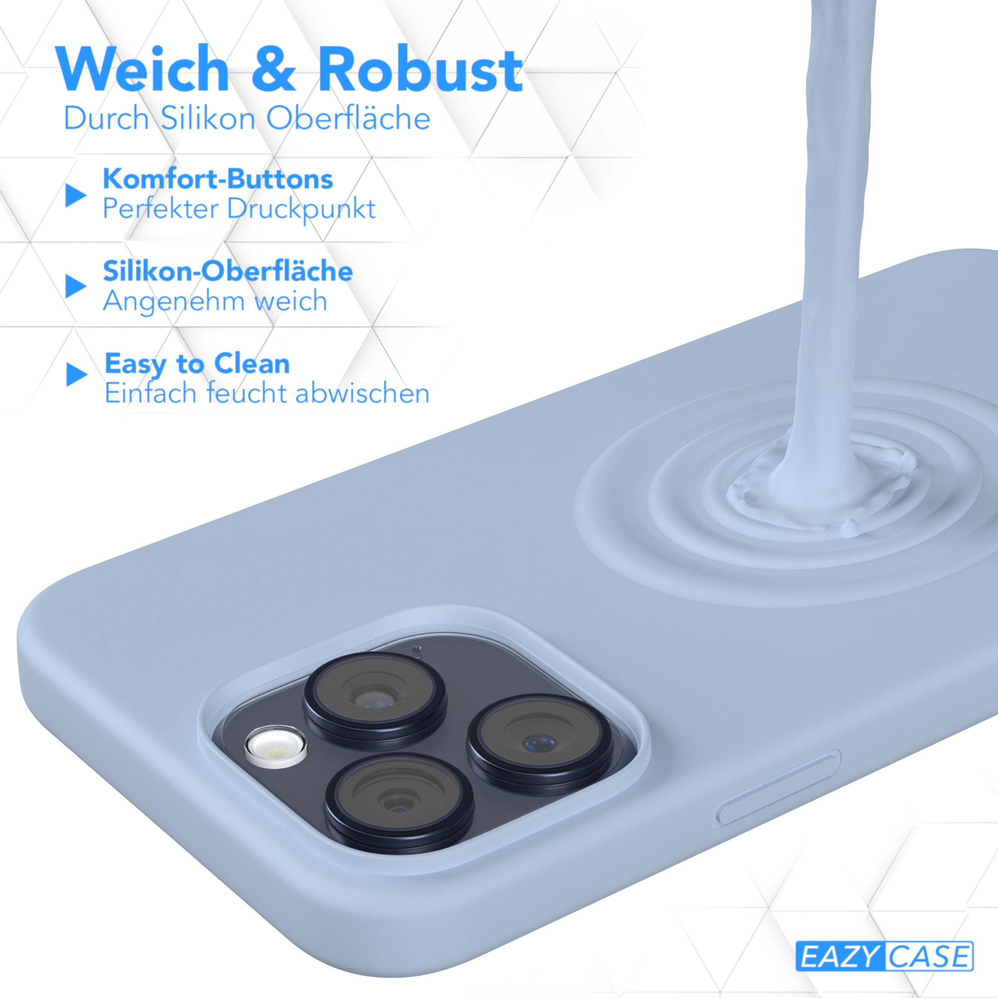 Eine hellblaue Handyhülle mit einem Handy darin. Die Hülle liegt auf einer blauen Oberfläche und zeigt die Kameraausschnitte.