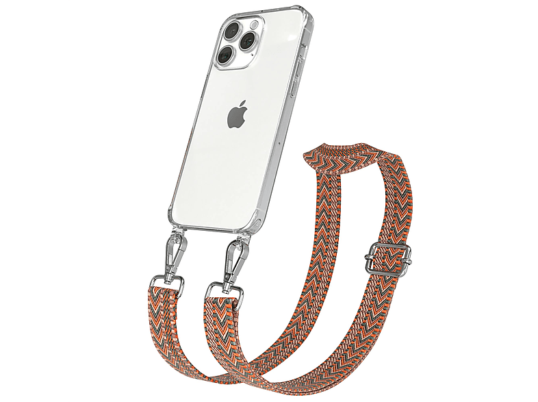 EAZY CASE Transparente Handyhülle mit Kordel Boho Style, Umhängetasche, Apple, iPhone 15 Pro Max, Orange / Grün