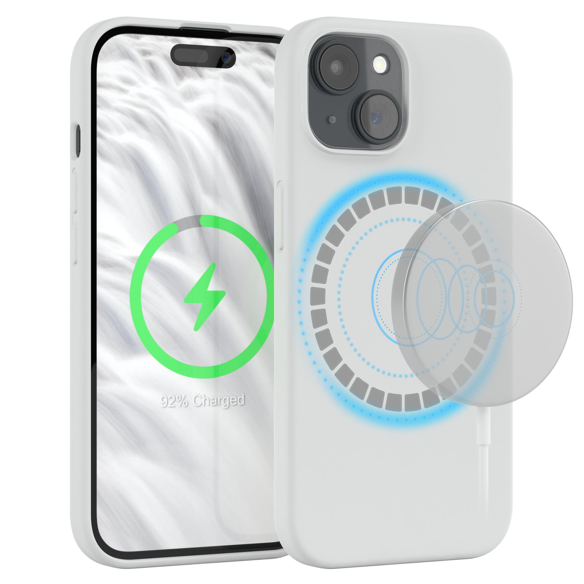 Ein weißes iPhone mit Ladebildschirm und einem transparenten Ladekreis, neben einem weißen MagSafe-Ladegerät.