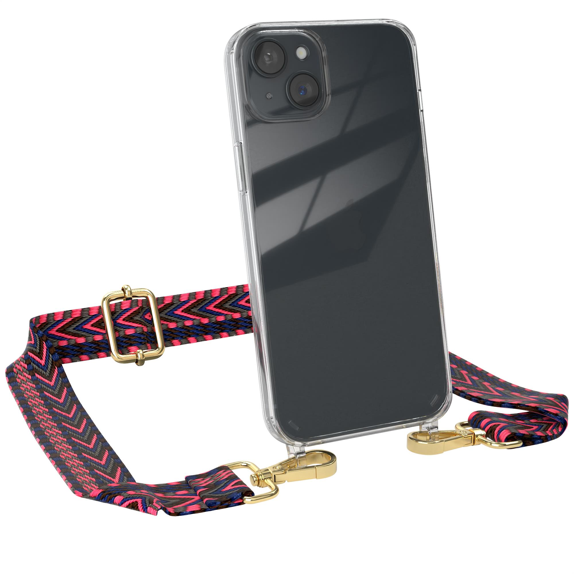 Eine transparente Handyhülle mit buntem Riemen und goldenen Details. Das Telefon ist schwarz.