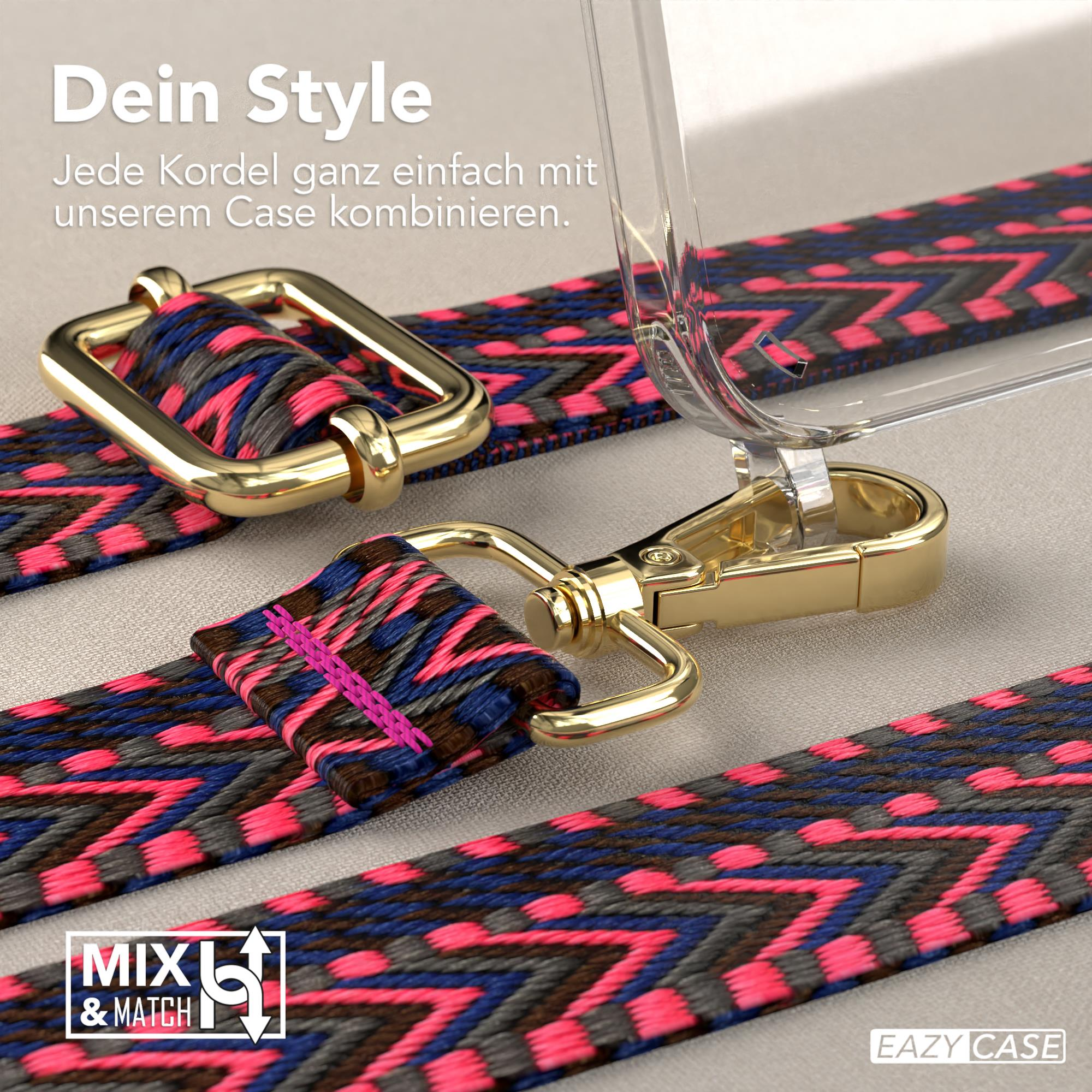 Handyhülle mit einem verzierten Riemen. Der Riemen hat rosa, blaue und graue Muster. Goldfarbene Metallbeschläge.