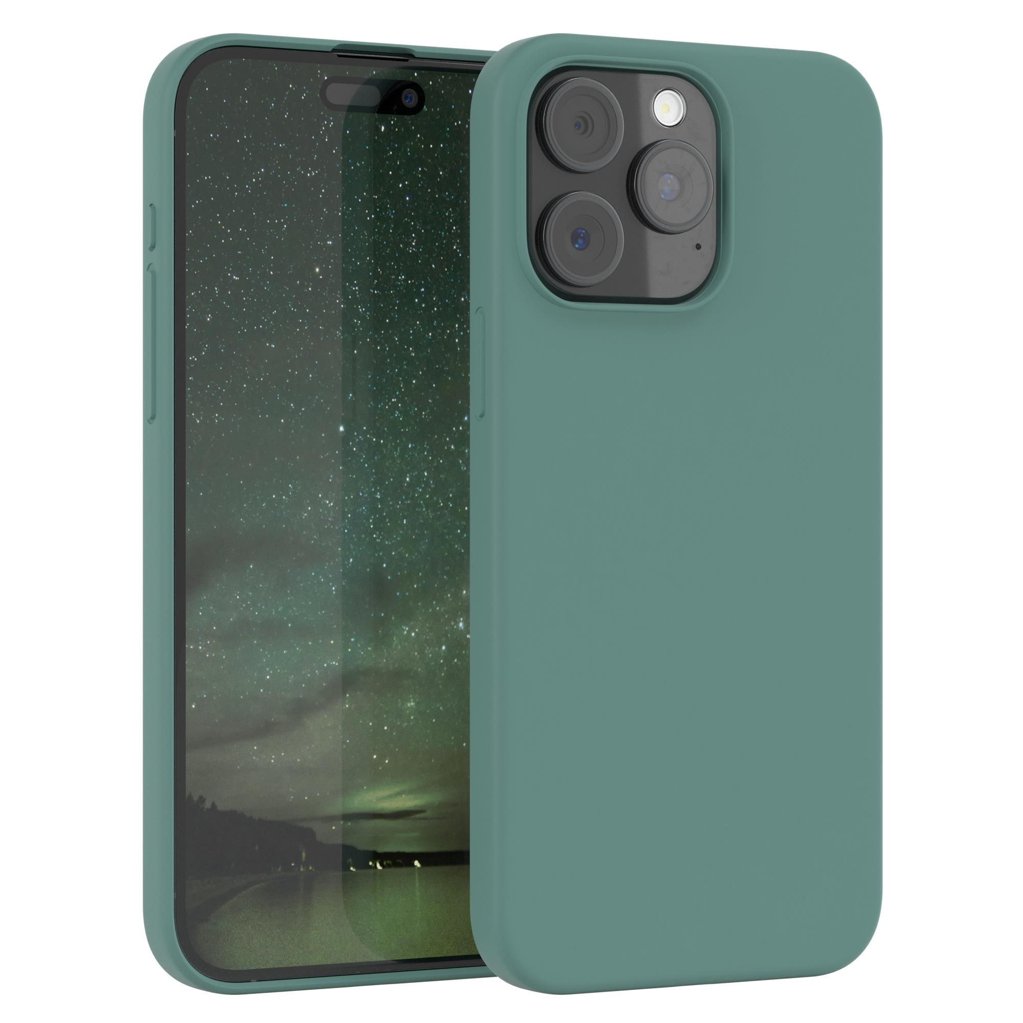 Grünes Telefon mit Sternenhimmel-Bildschirm, neben der Hülle platziert.