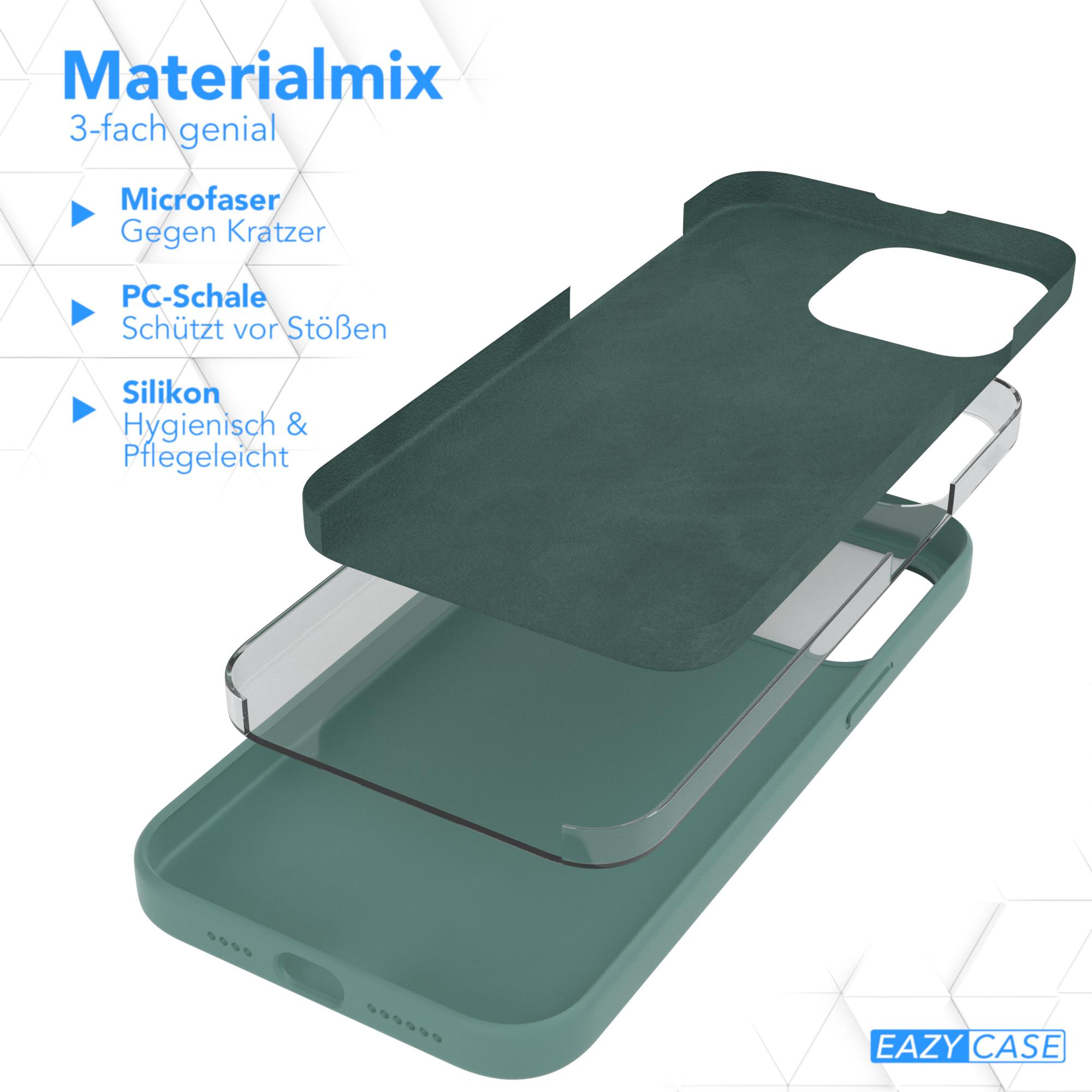 Handyhülle mit Schichten: Mikrofaser, PC-Schale und Silikon. Grün mit weißem Hintergrund.