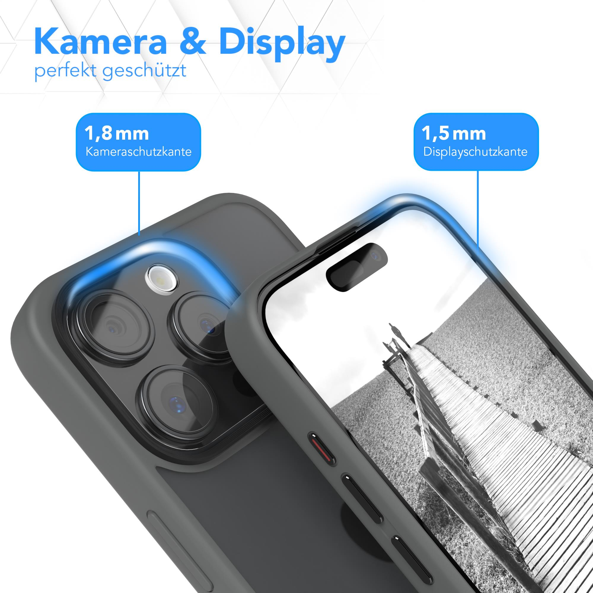 Nahaufnahme einer Handyhülle mit Telefon. Text besagt Kamera- und Displayschutz.