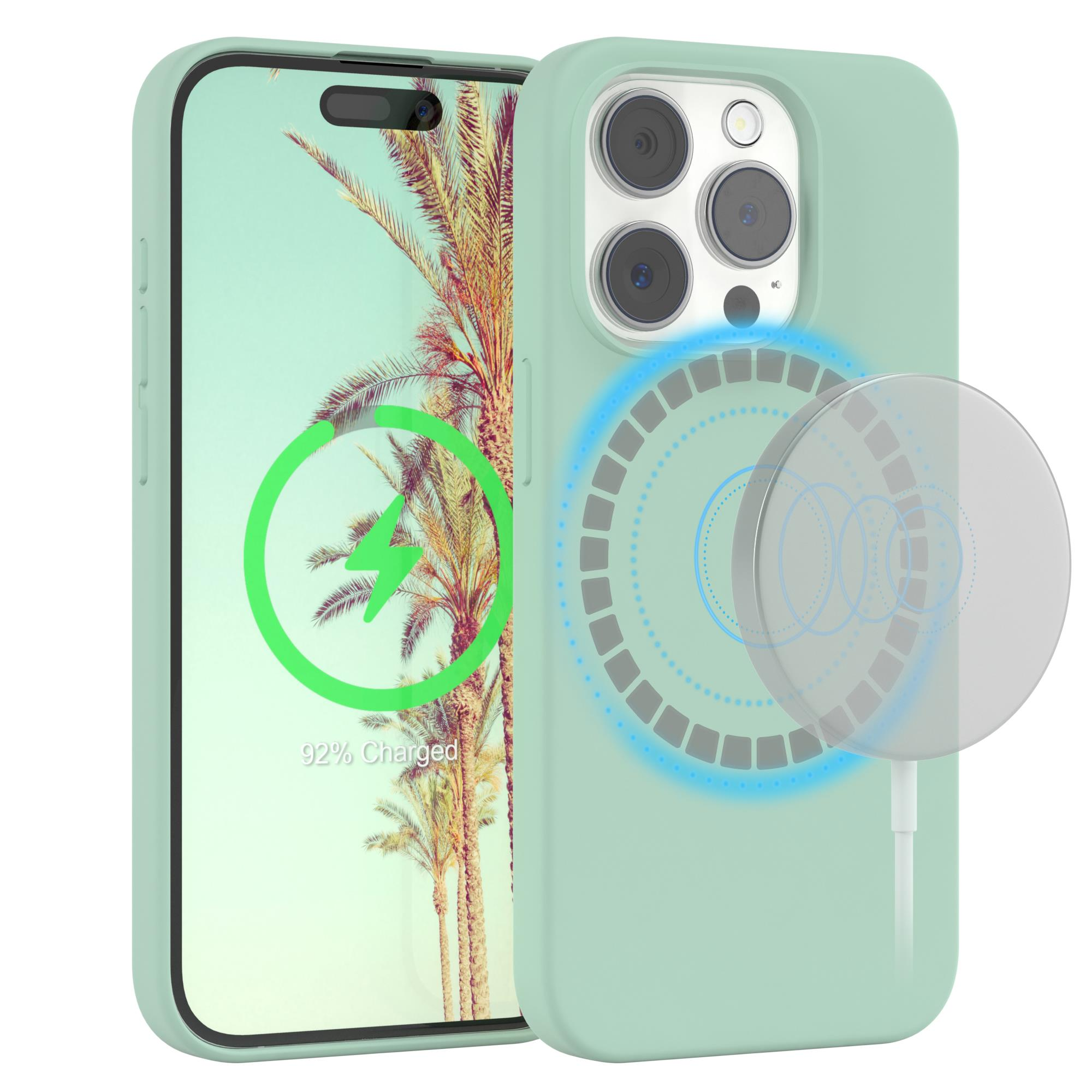 Telefon in mintgrüner Hülle mit Ladegerät. Der Bildschirm zeigt ein Ladesymbol.