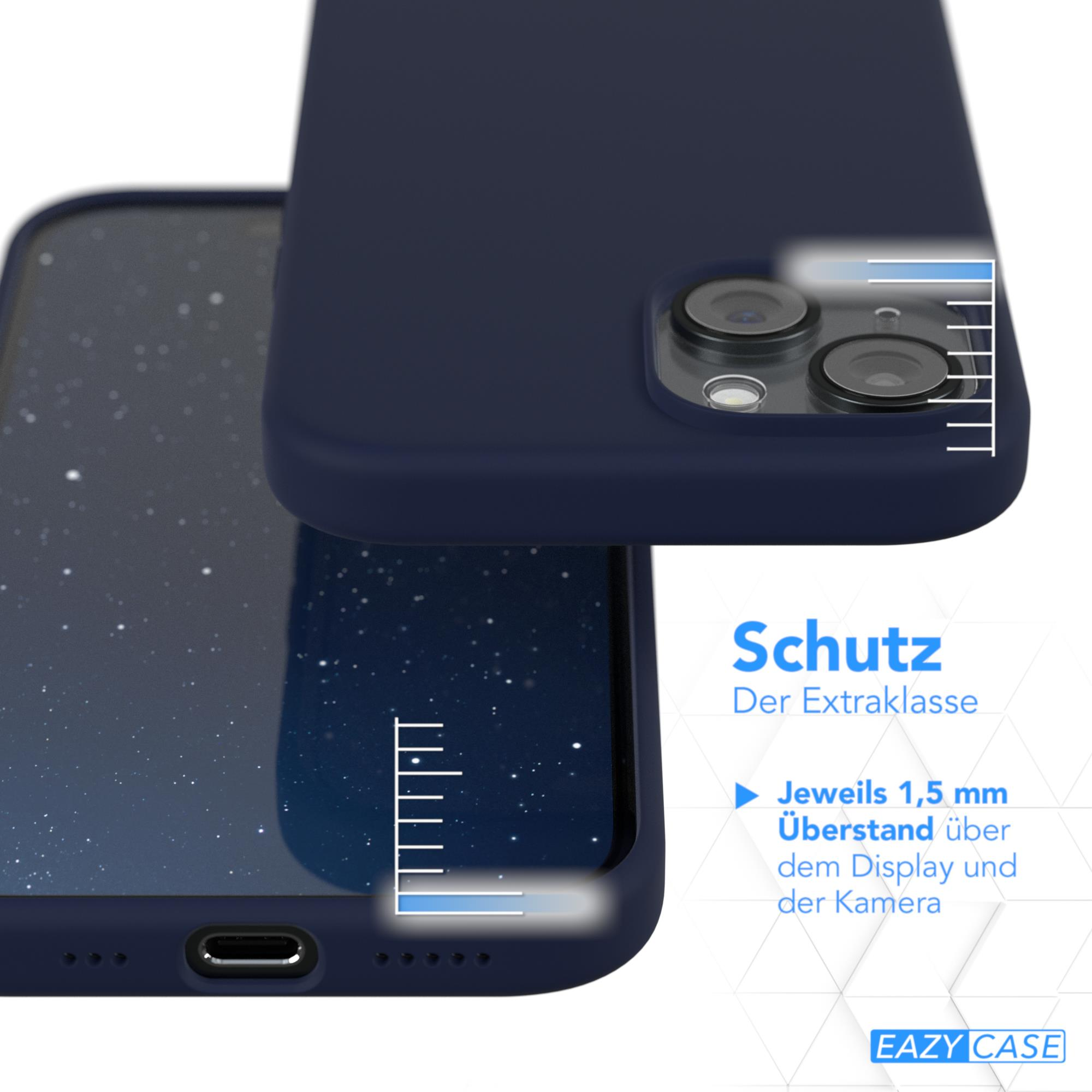 Nahaufnahme einer dunkelblauen Handyhülle, die ein Handy schützt, mit Maßen und Text, der Bildschirm- und Kameraschutz angibt.