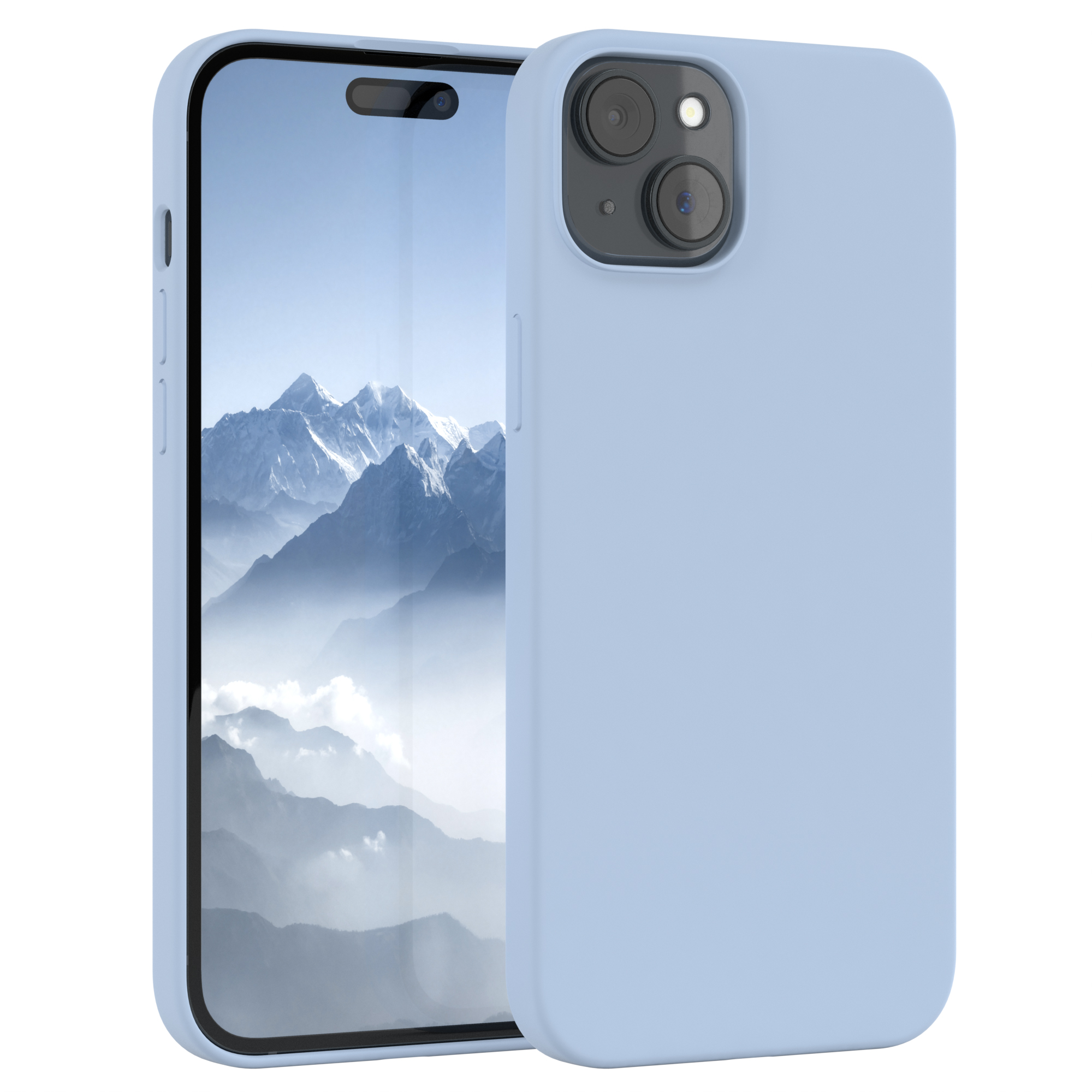 Blaue Handyhülle mit Telefon. Drei Kameras auf der Rückseite des Telefons.