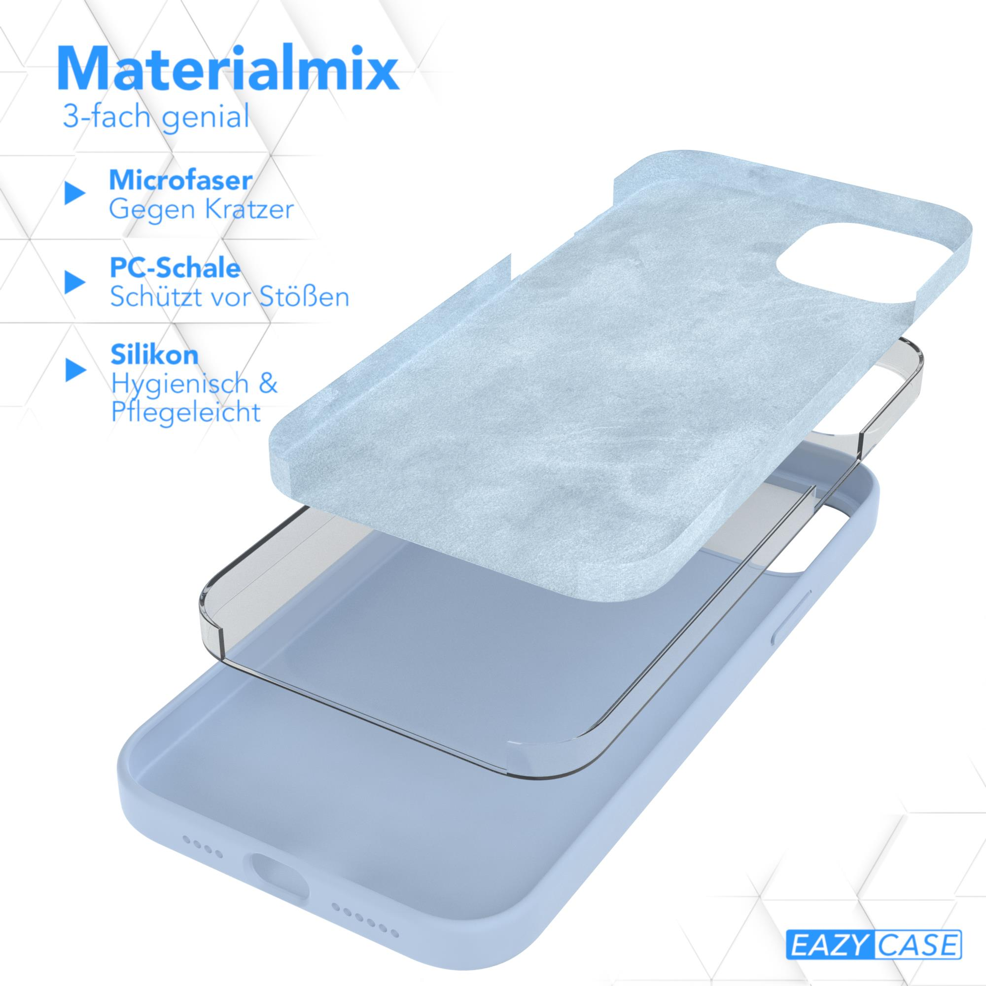 Handyhülle: Mikrofaserschicht, PC-Schale und Silikon. Text beschreibt Materialmix. Blauer Hintergrund.