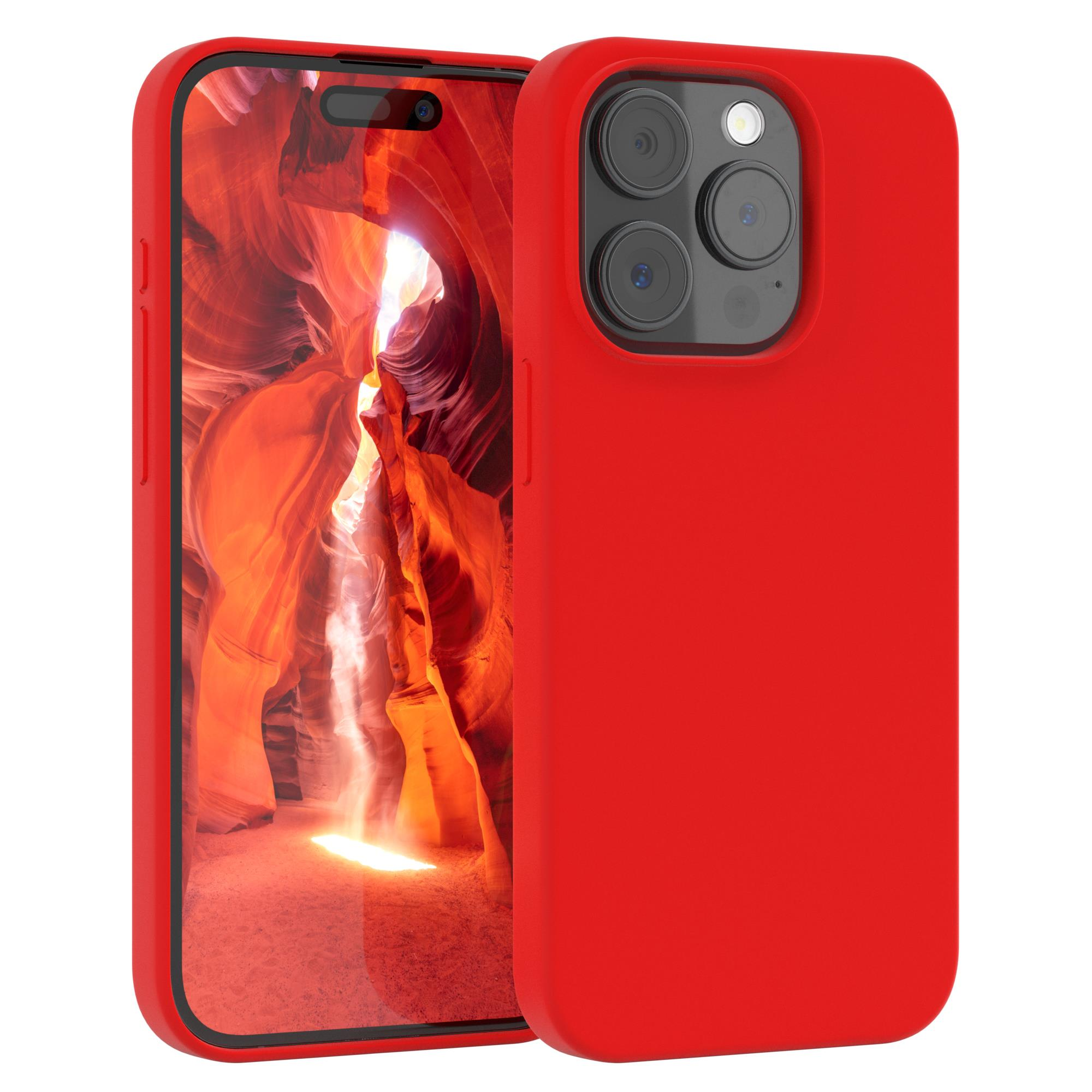 Rotes Telefon mit roter Hülle, zeigt ein abstraktes Canyon-Bild auf dem Bildschirm.