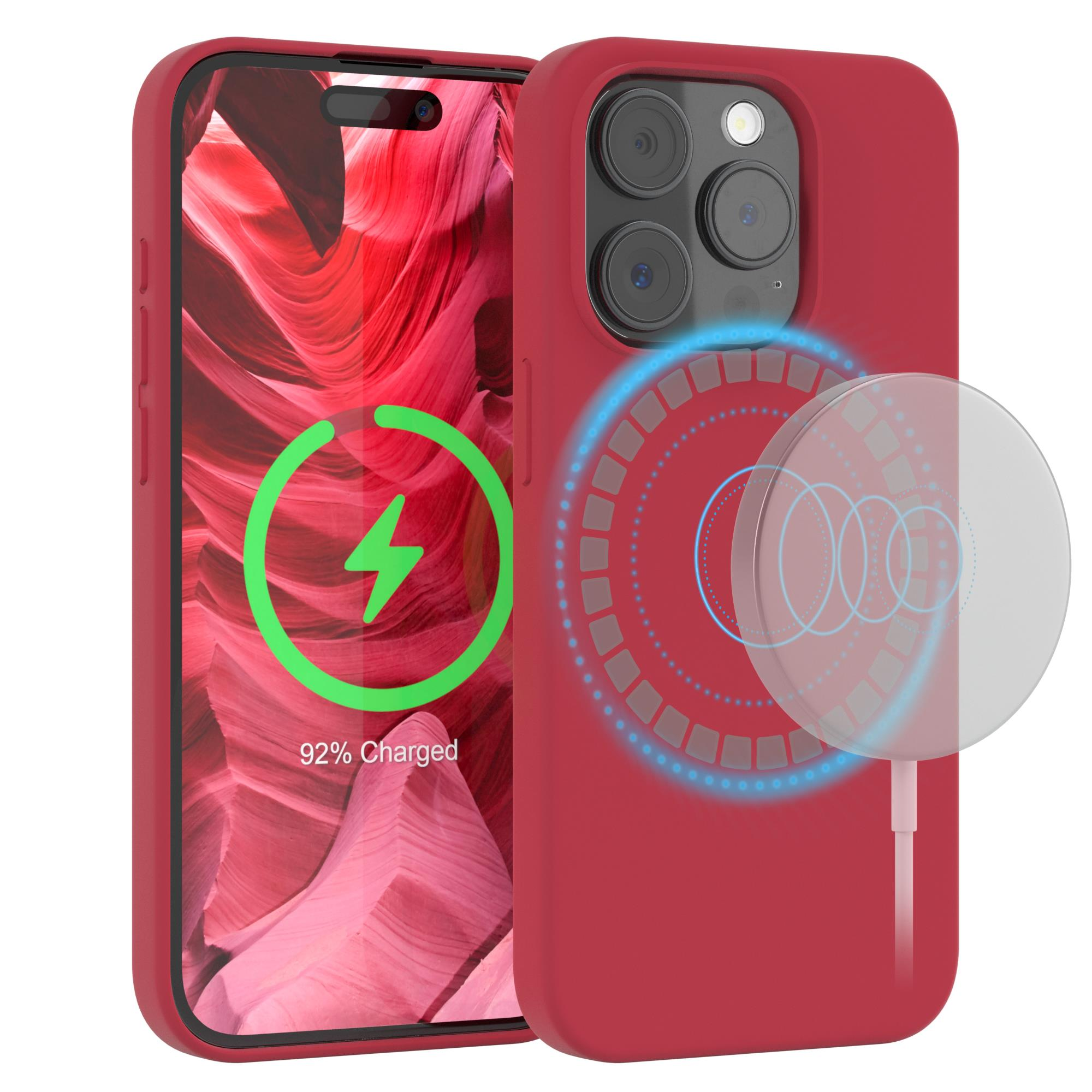 Eine rote Handyhülle mit einem Telefon, das eine Ladeanzeige zeigt, und ein kabelloses Ladepad.