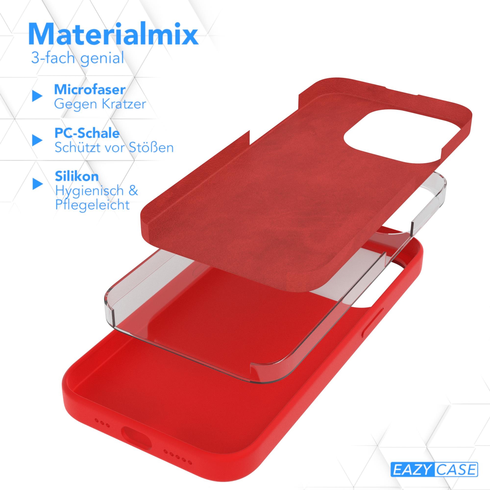 Eine Handyhülle in Schichten: Mikrofaser, PC-Schale und Silikon, alles in Rot.