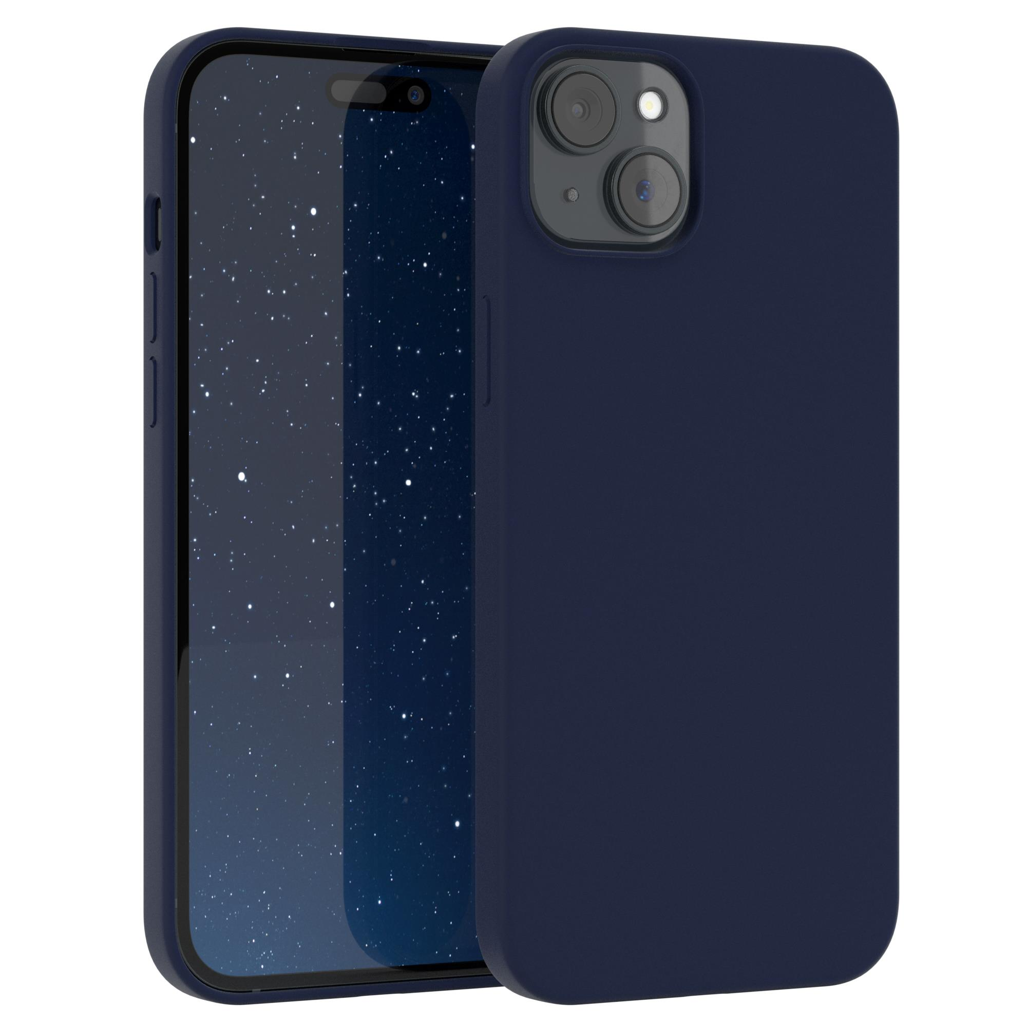 Ein marineblaues Telefon in einer passenden Hülle, das ein Galaxienbild auf dem Bildschirm zeigt.