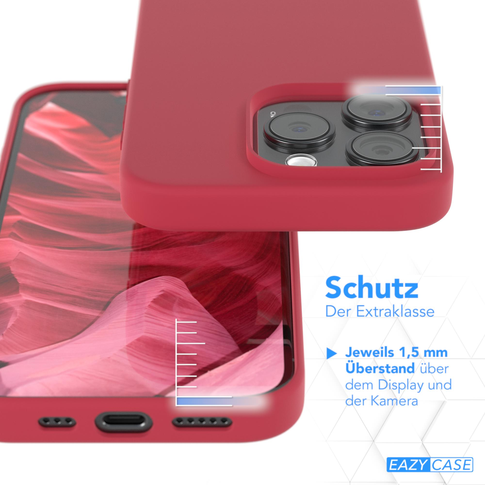 Rote Handyhülle auf einem Telefon, mit Schutzhülle und klarer Displayschutzfolie. Text vorhanden.