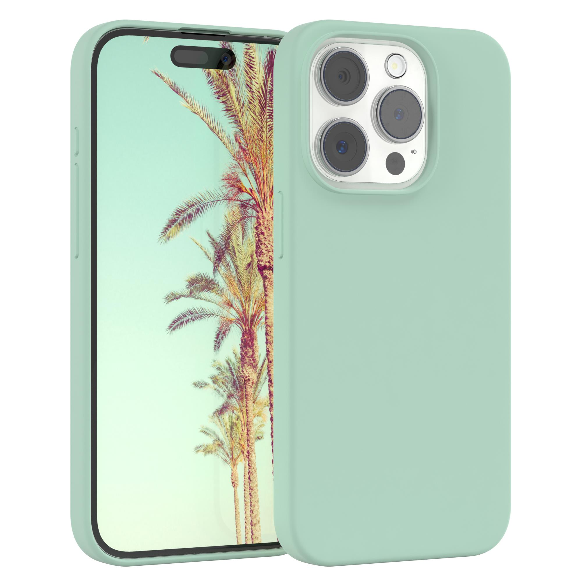 Minzgrüne Handyhülle mit Palmen und Telefon.