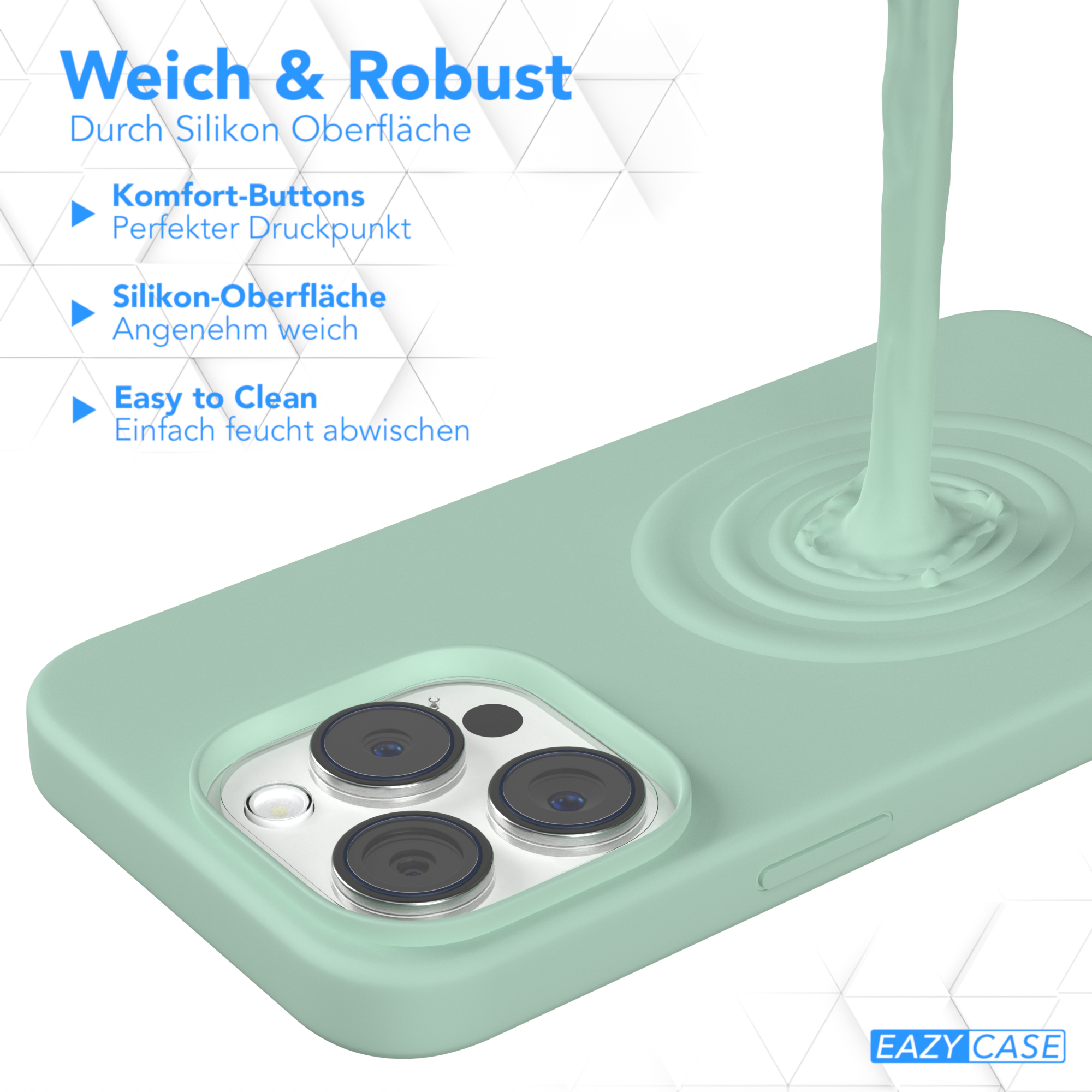 Eine mintgrüne Handyhülle mit einem Telefon. Der Text lautet Weich & Robust, Easy to clean.