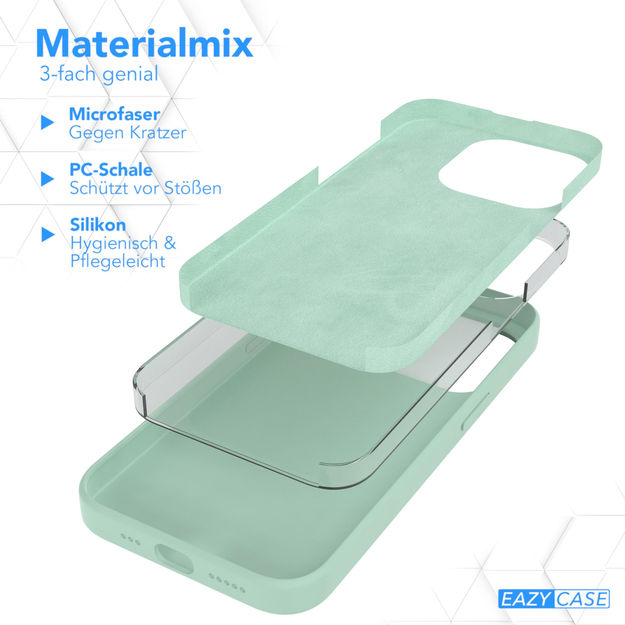 Handyhüllen-Schichten, Mikrofaser, PC-Schale und Silikonschichten. Hülle ist mintgrün mit weißer Basis.