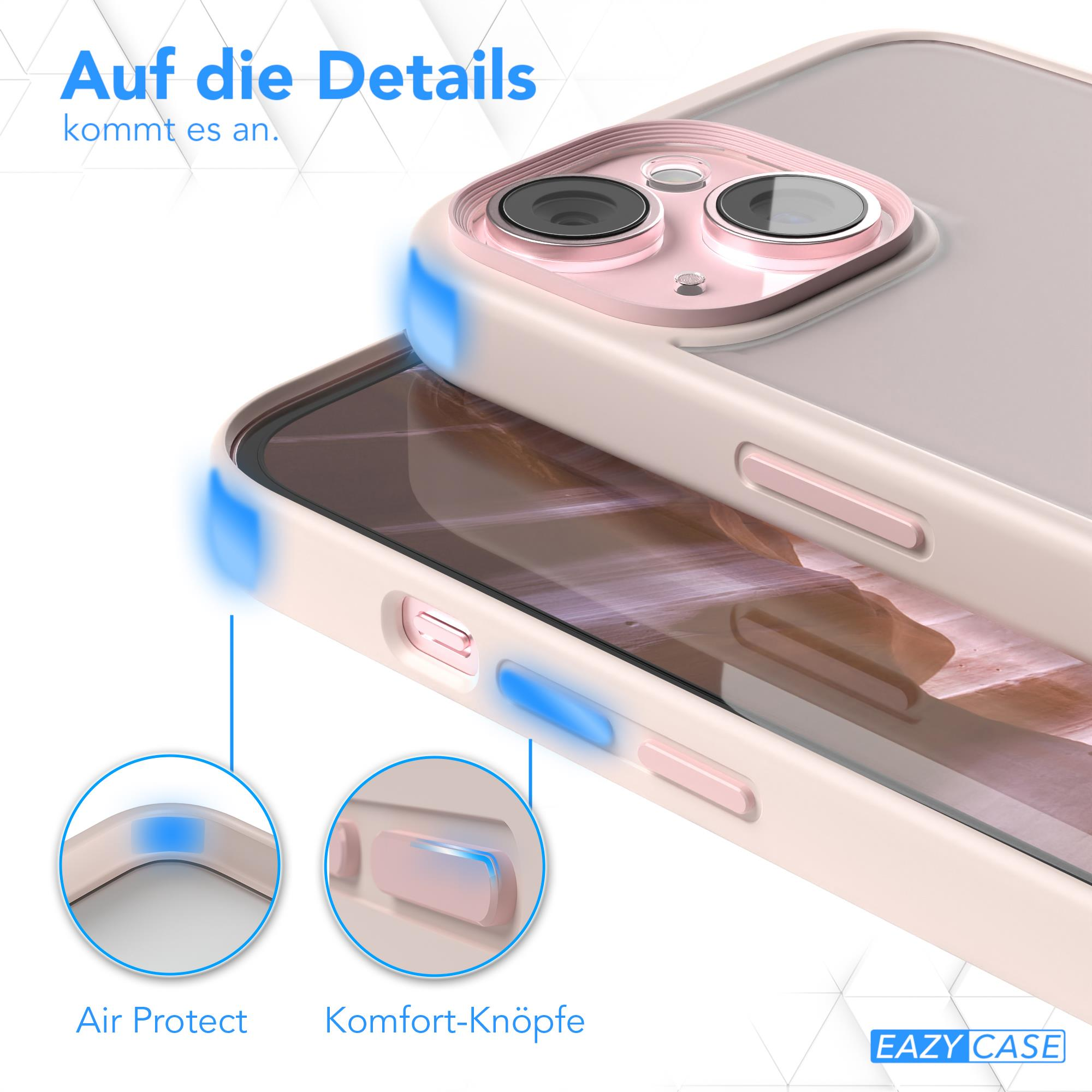 Pinke Handyhülle mit blauen Akzenten, Nahaufnahme von Knöpfen und Kamera. Text: Air Protect und Komfort-Knöpfe.