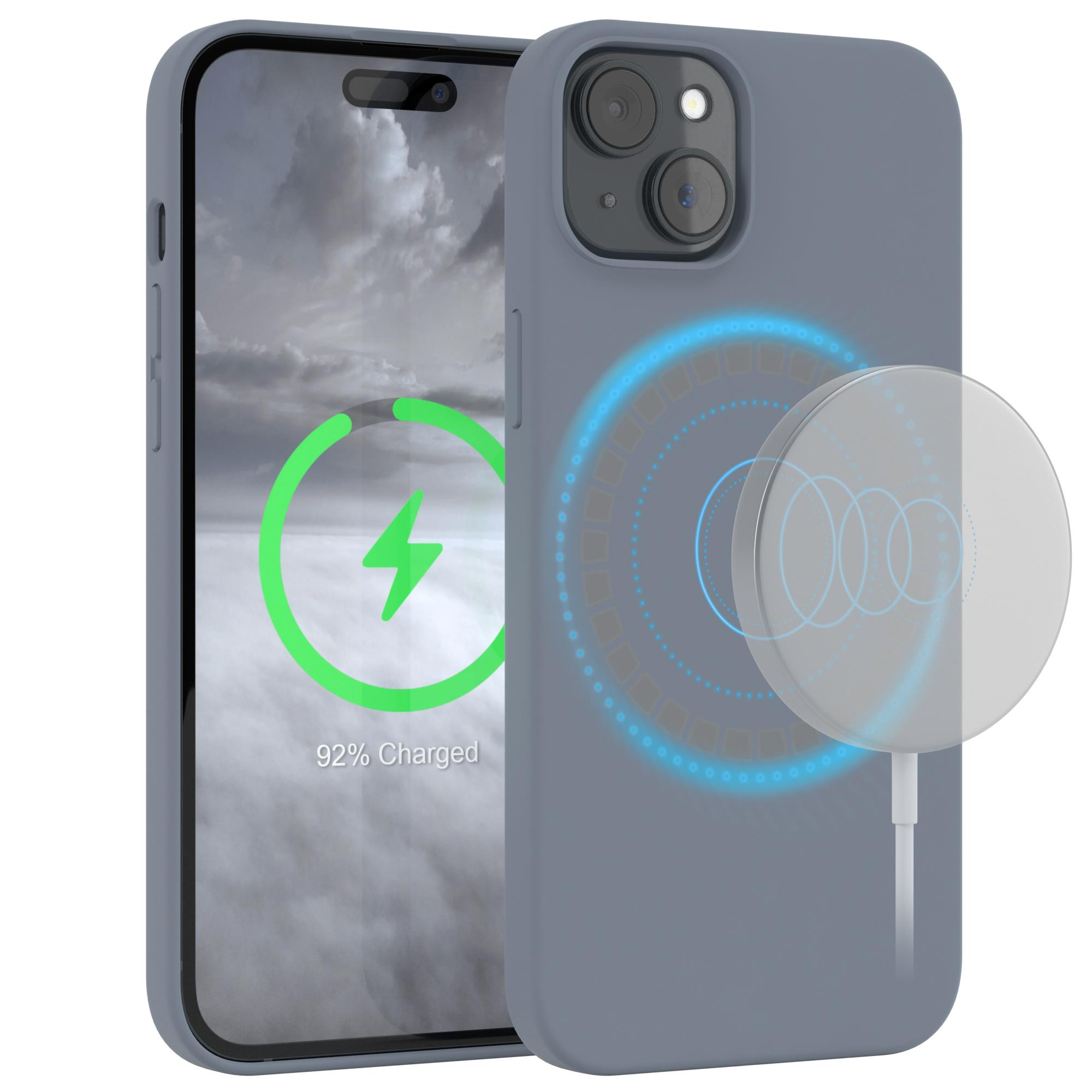 Blaue Handyhülle mit Ladesymbol. Auf der rechten Seite befindet sich ein weißes Ladepad. Das Telefon ist 92 % geladen.